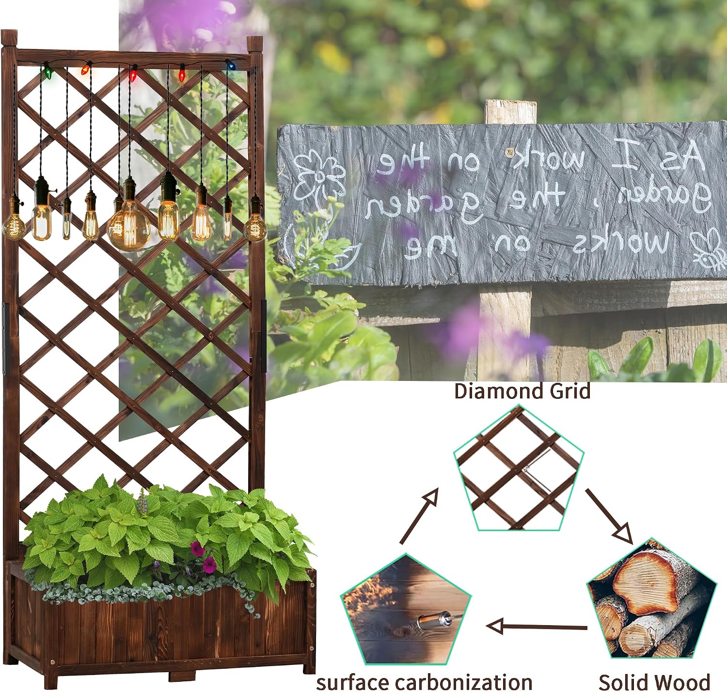 Anraja Raised Garden Bed with Trellis Wooden Flower Standing Planter Box Outdoor Wood Lattice Panels Privacy Screen for Climbing Plant Planting