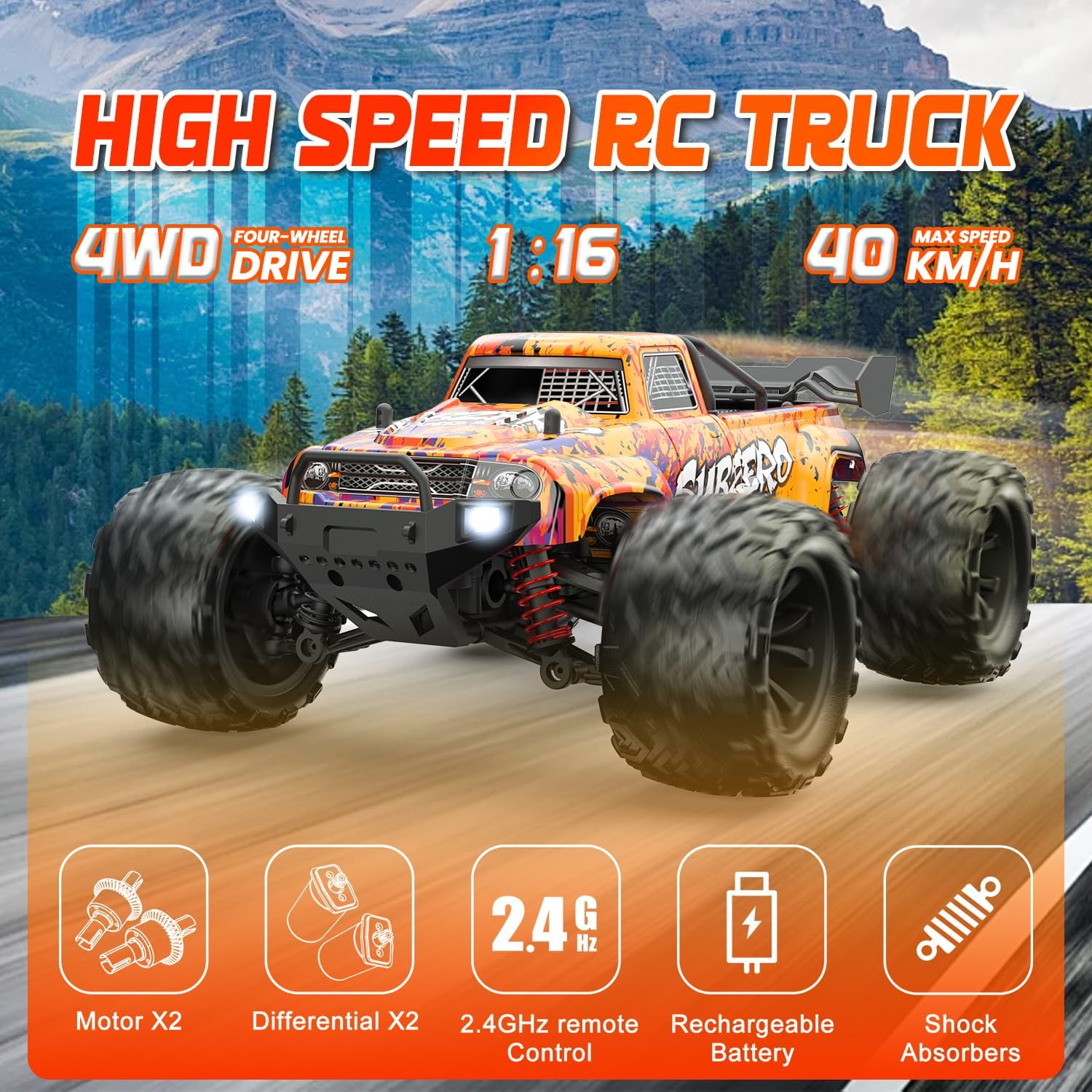 1/18 Scale High Speed RC Cars, 30KM/H 4WD Off-Road Remote Control Trucks for Adults and Kids Boys, All Terrain Truck Toys Gifts