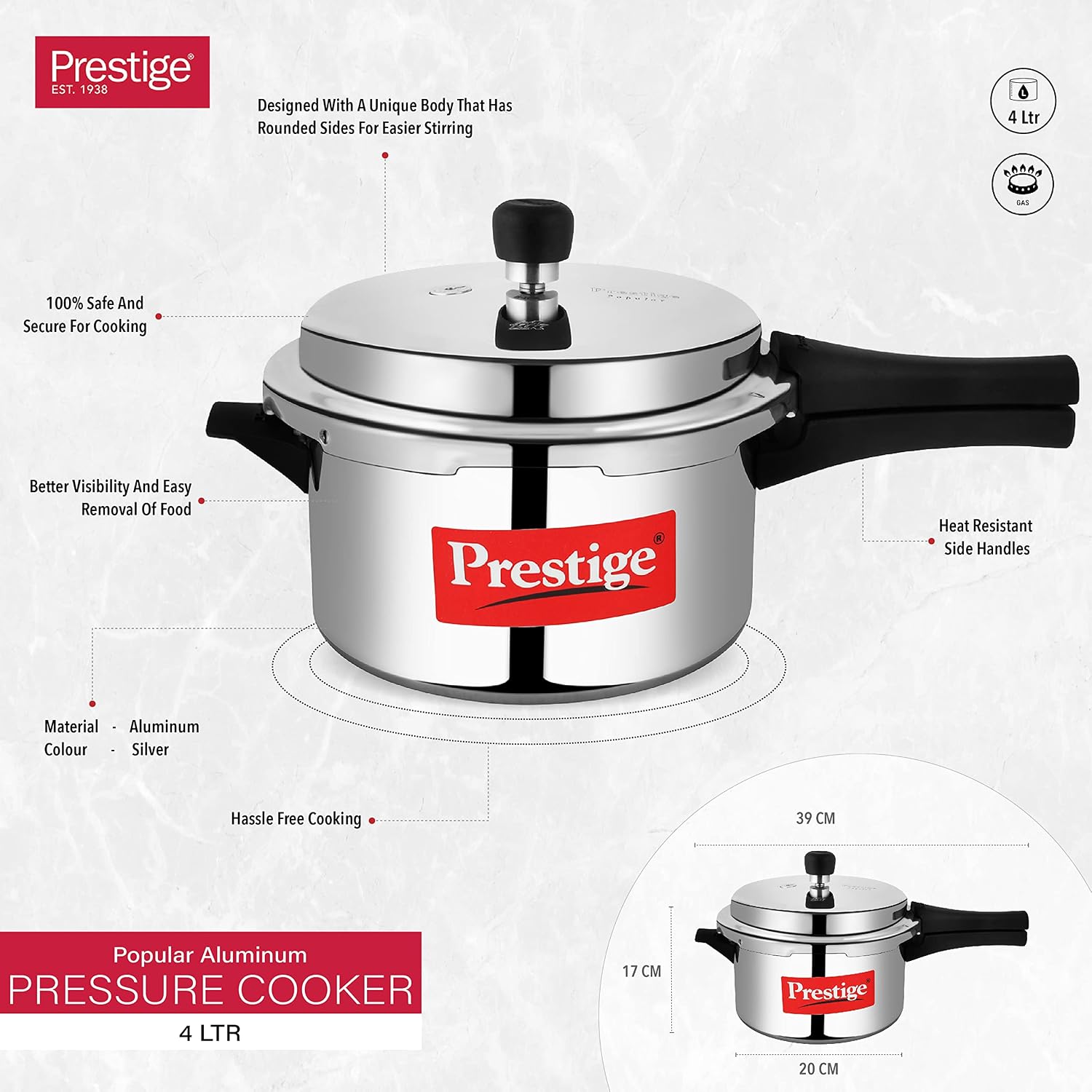 Prestige Popular Aluminum Pressure Cooker, 5 L, Silver