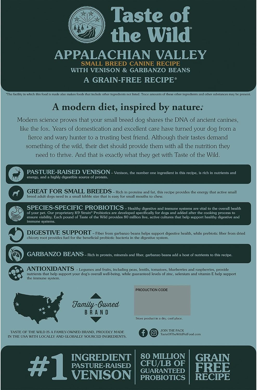 Taste of the Wild Appalachian Valley Small Breed Adult Dry Dog Food, 28lb | High Protein |Grain Free Recipe* |Venison & Garbanzo Beans |Nutrient Dense to Help Support Peak Health |Guaranteed Probiotics
