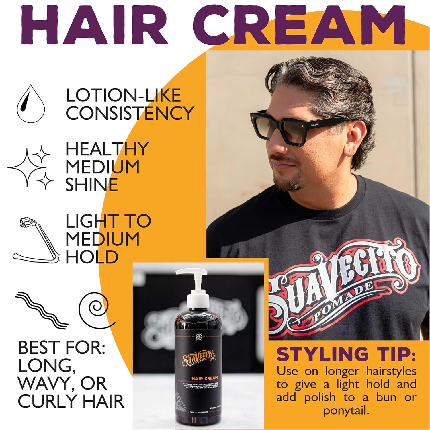 Suavecito Hair Cream for Men - Pump Bottle, Light Hold, Natural Shine, Water Based, Tames Frizz, Great for Curly Hair