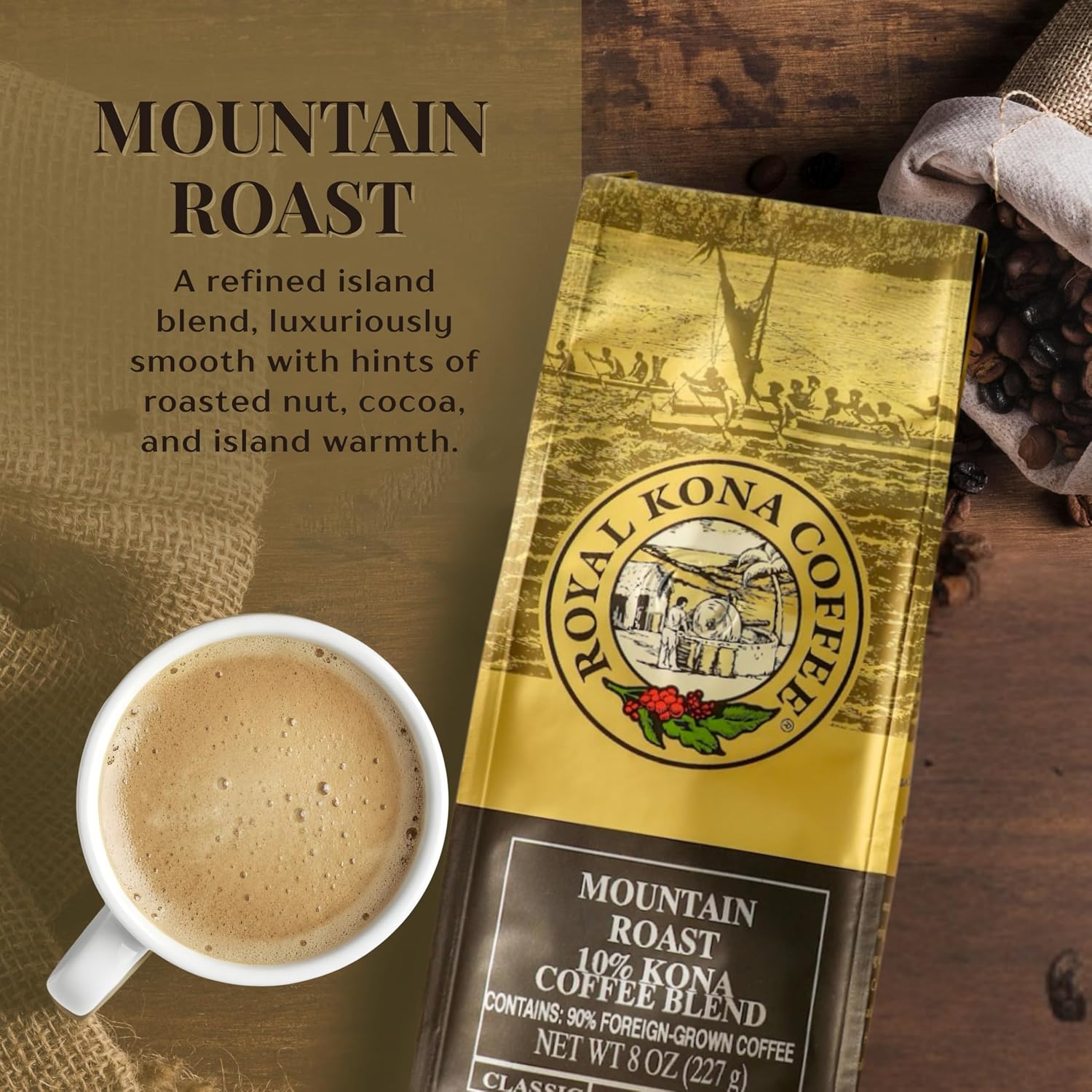 ROYAL KONA COFFEE - Medium Roast Ground Coffee, Vanilla Macadamia Flavor, 8 Ounce