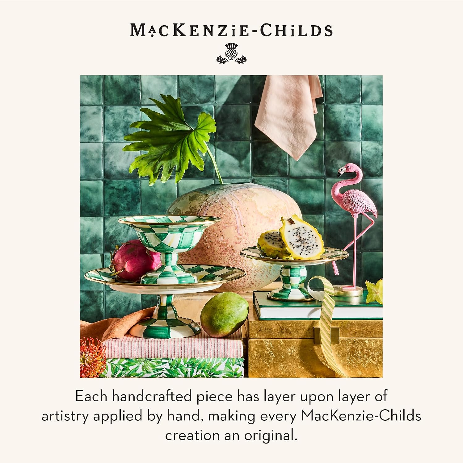 MACKENZIE-CHILDS Pedestal Platter, Mini, Black-and-White Courtly Check | Hand-painted design, made from enameled steel, stackable round cake stand for serving desserts, 8" dia. x 3" H