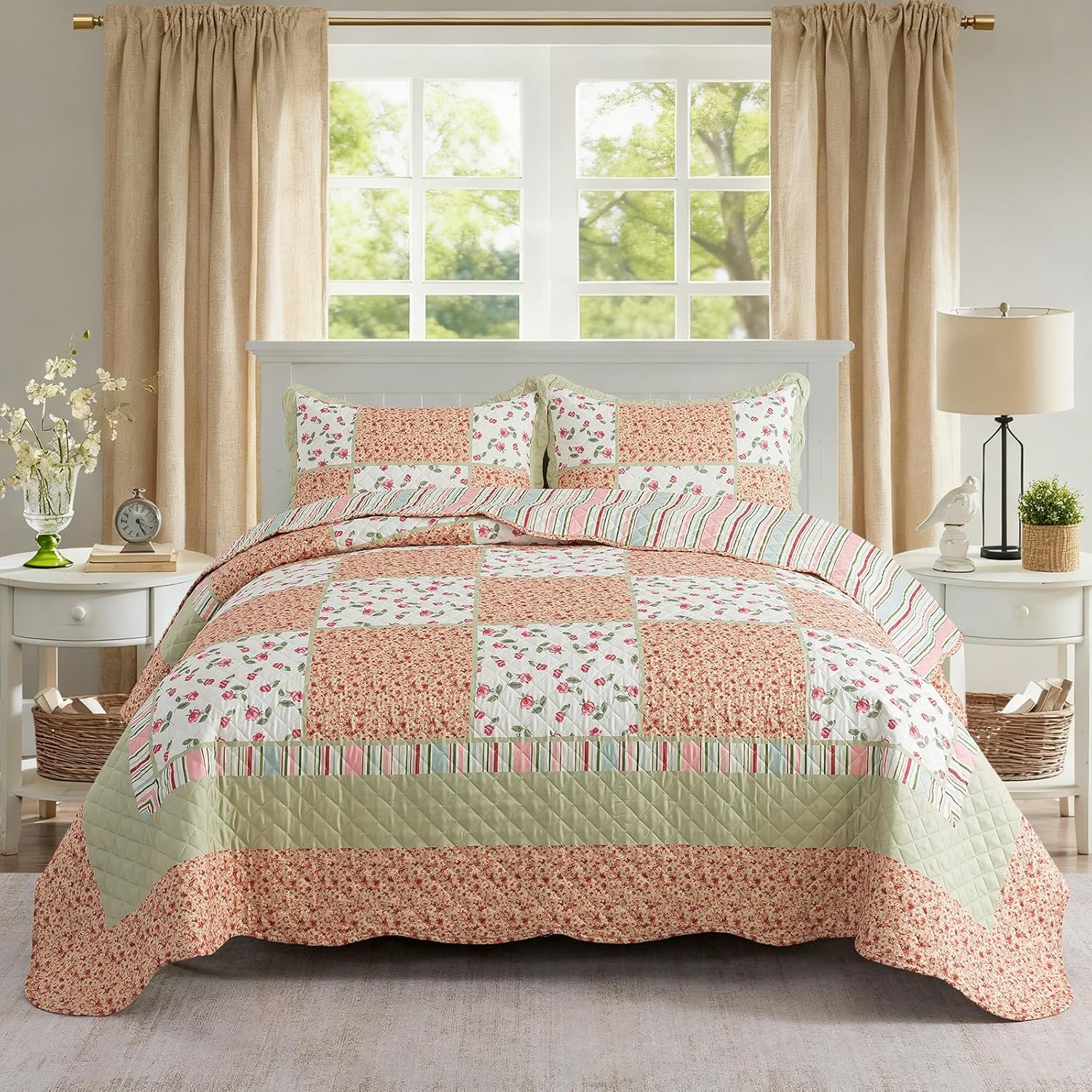 Striped Classical Cotton 3-Piece Patchwork Bedspread Quilt Sets, King Size