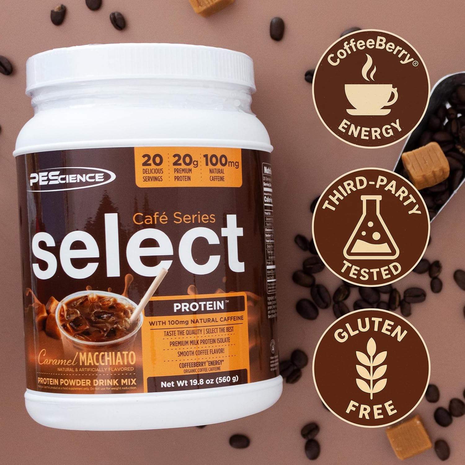 PEScience Select Cafe Protein Coffee Powder, Caramel Macchiato, 20 Servings | 100mg Caffeine, 20g Iced Protein Coffee Powder or Creamer