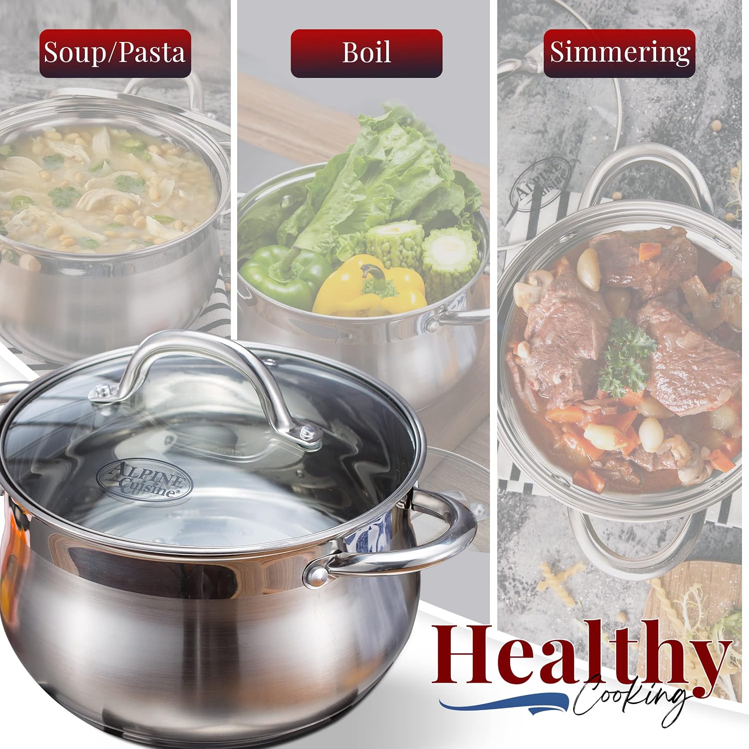 Alpine Cuisine 2-Quart Stainless Steel Dutch Oven with Tempered Glass Lid, Belly Shape, Heavy Duty & Dishwasher Safe