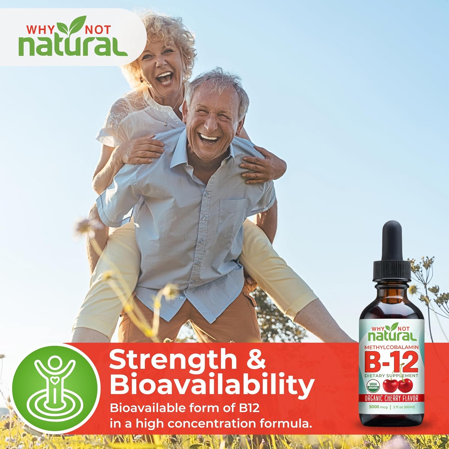 Why Not Natural Organic Vitamin B12 Liquid - Sublingual Extra Strength 60 x 5000 mcg Methylcobalamin Drops, Vegan, Maximize Absorption and Energy