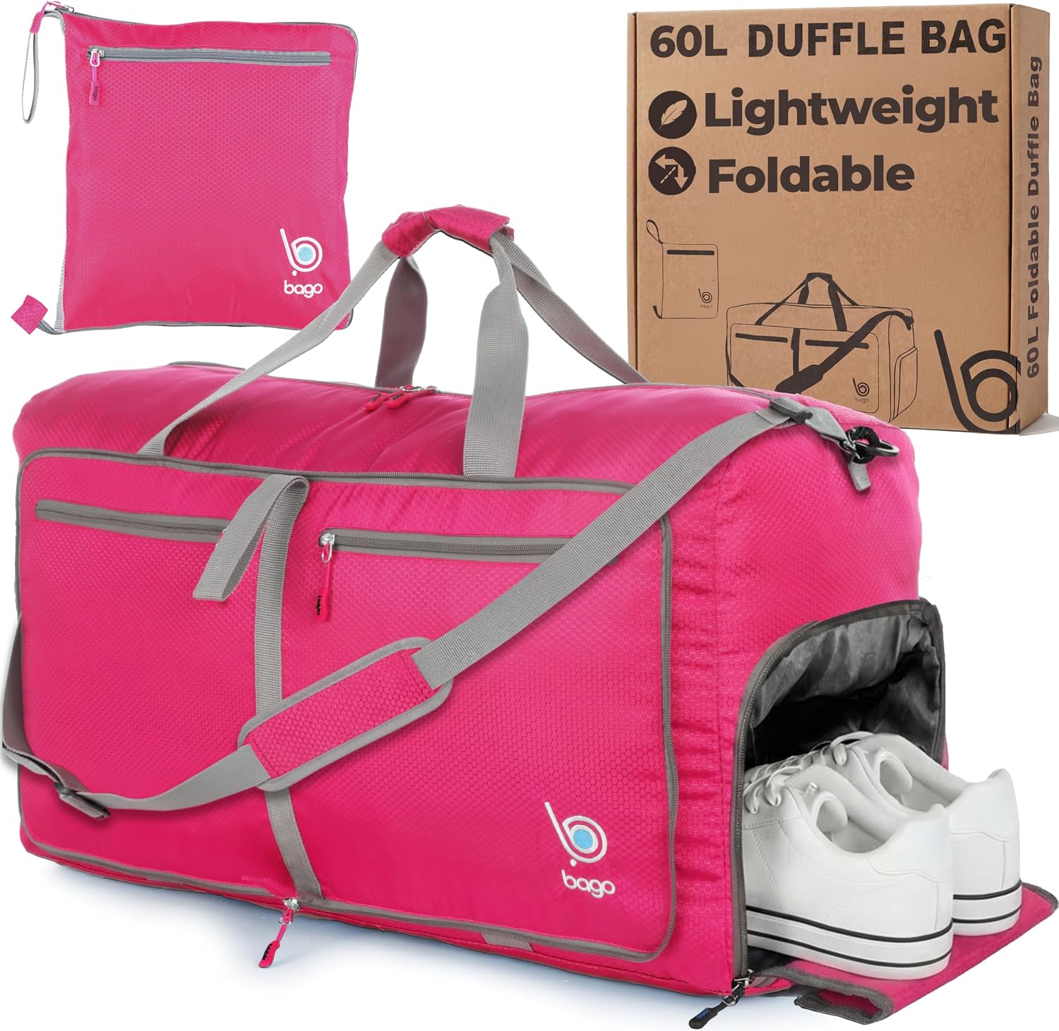 Bago Large Duffle Bag for Travel Women & Men. Durable Lightweight Foldable Travel Duffel Bags For Traveling Women. 80L Duffle Bags For Overnight Bag With Shoe Compartment Collapsible Weekender duffel