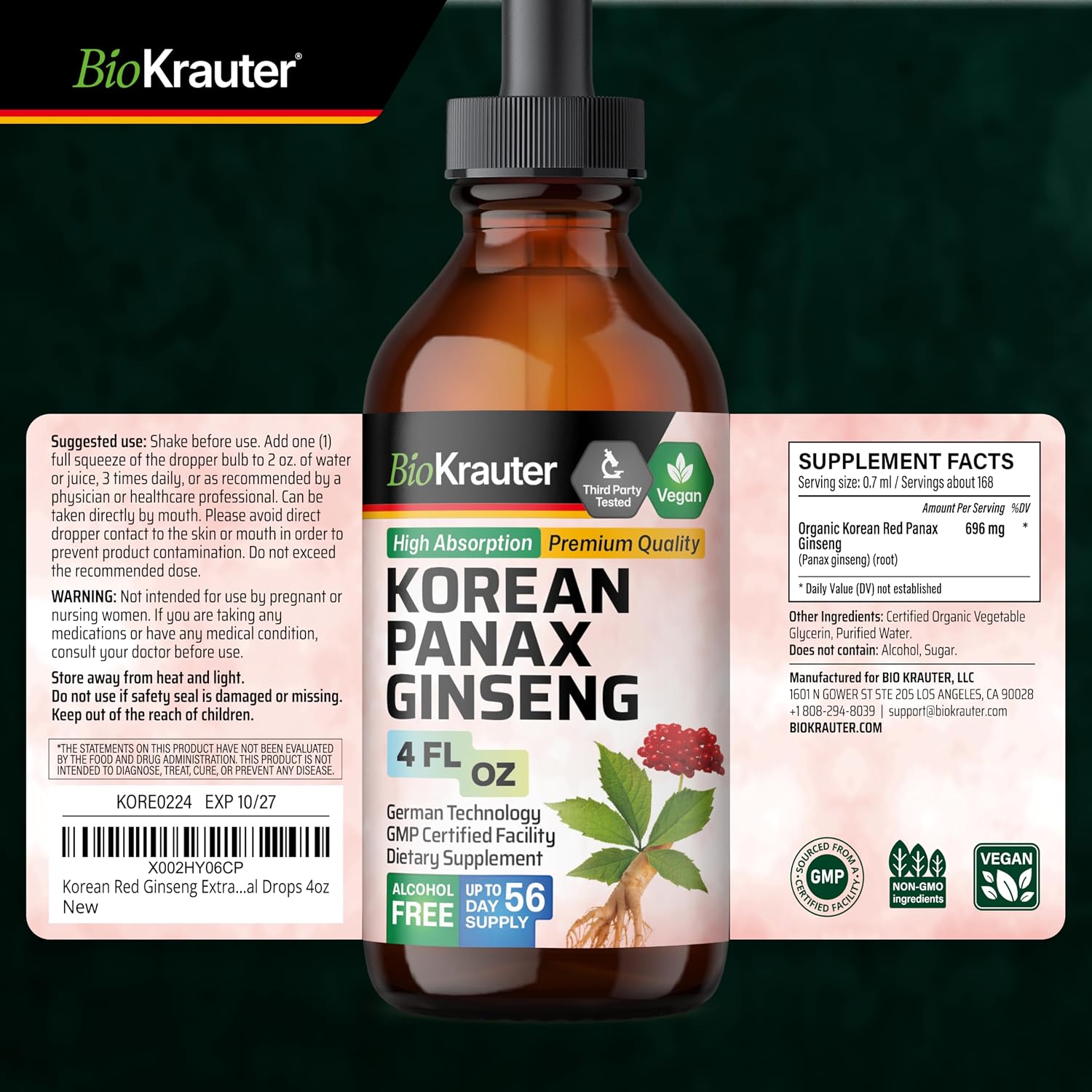 BIO KRAUTER Korean Panax Ginseng Tincture, Immune & Energy Support, 4 Fl.Oz