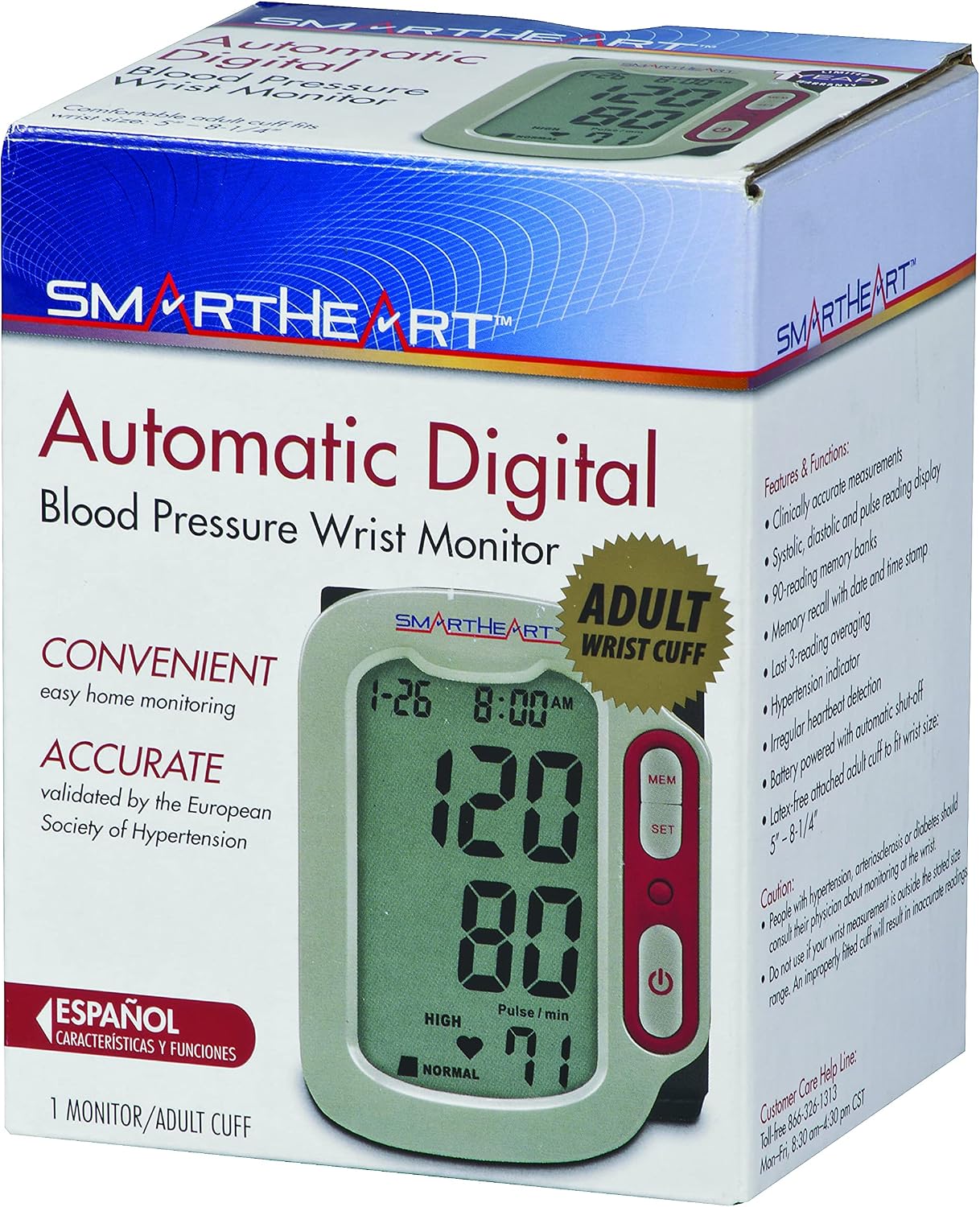 SmartHeart Automatic Wrist Digital Blood Pressure Monitor (1-Person, 90 Memory) | Adult Wrist Cuff, 90-Reading Memory, Automatic Inflation & Deflation