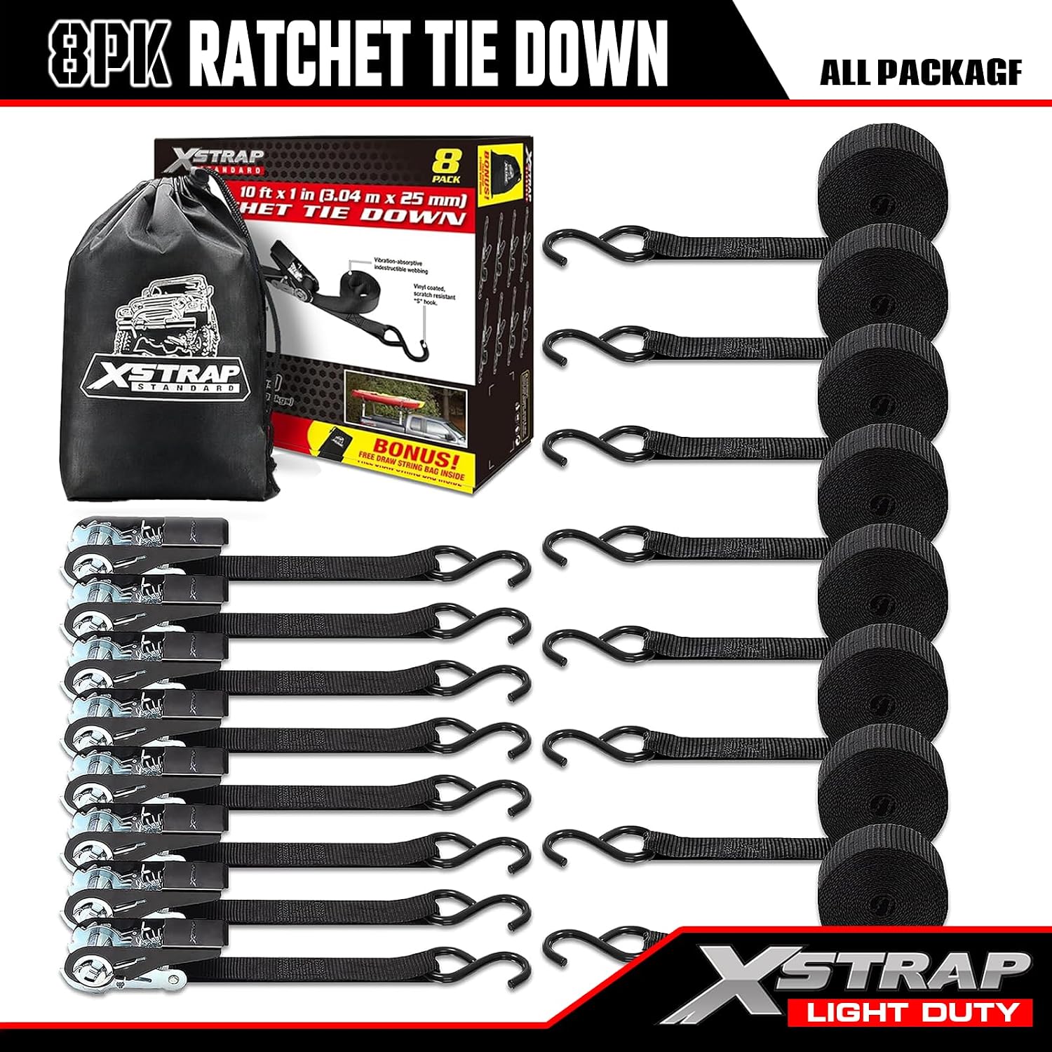 XSTRAP STANDARD 8-PK Ratchet Tie Down Straps, 1" x 10ft Cargo Strap, Yellow