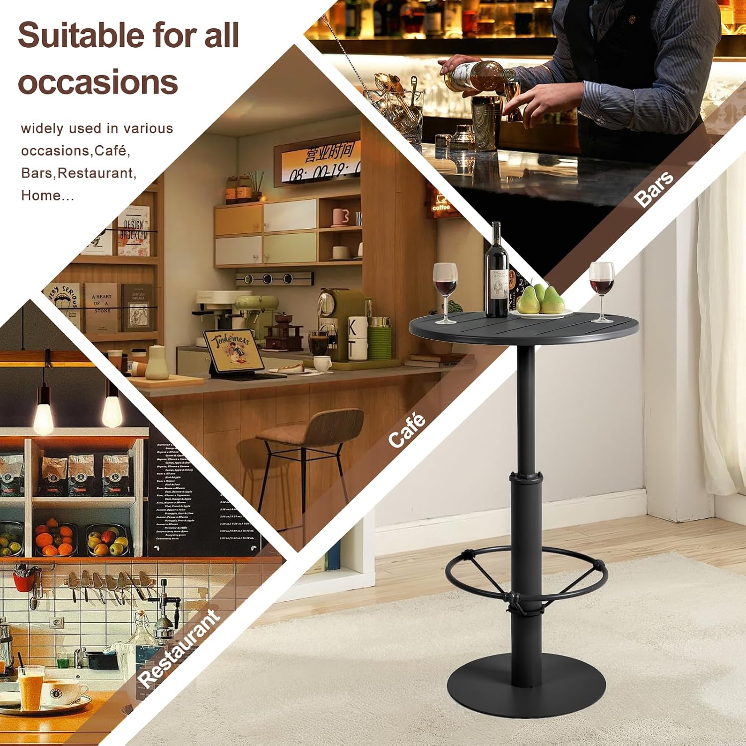 LOKKHAN 42" Tall Rustic Industrial Bar Table 19.68" Dia Round Wooden Top Metal Frame Height Fixed Standing Pub Dining Room Bistro Cocktail Table, Black & Brown