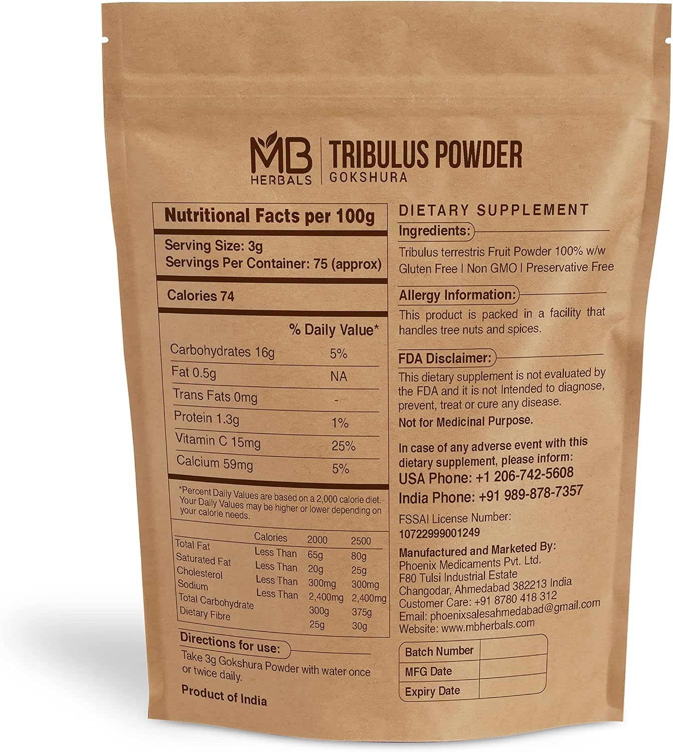 MB Herbals Tribulus Powder 8 oz / 0.5 lb | 75 Servings of Pure Tribulus terrestris Powder | Gluten Free | No Preservatives