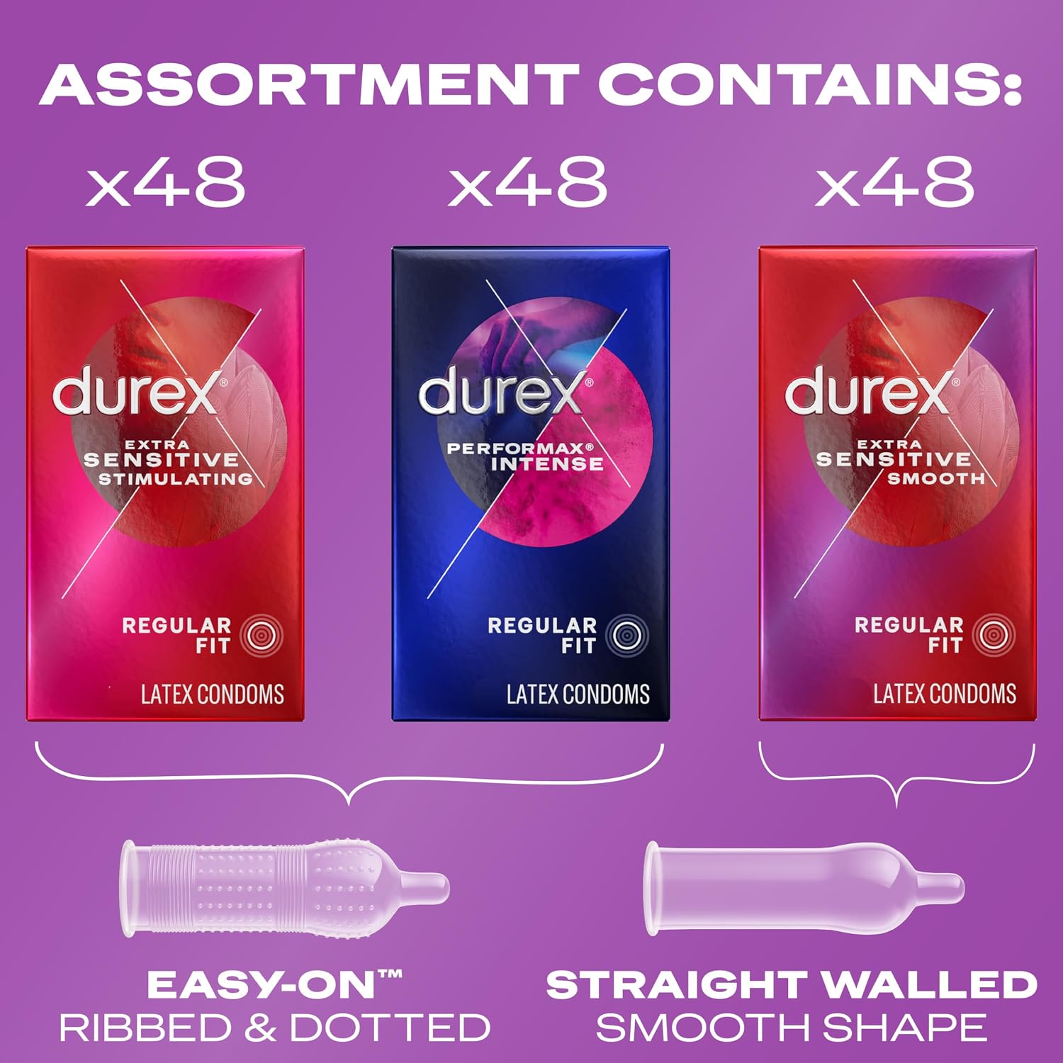Durex Pleasure Pack Assorted Thin Condoms, Exciting Mix of Sensation and Stimulation, Lubricated Natural Rubber Latex Condoms for Men, 42 Count