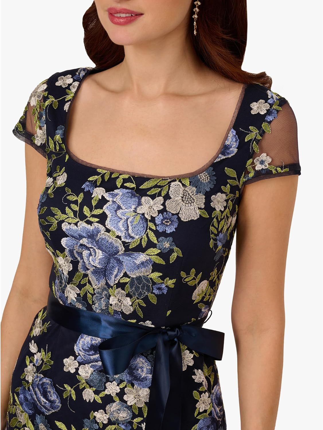Adrianna Papell Cascading Floral Embroidered Long Column Gown