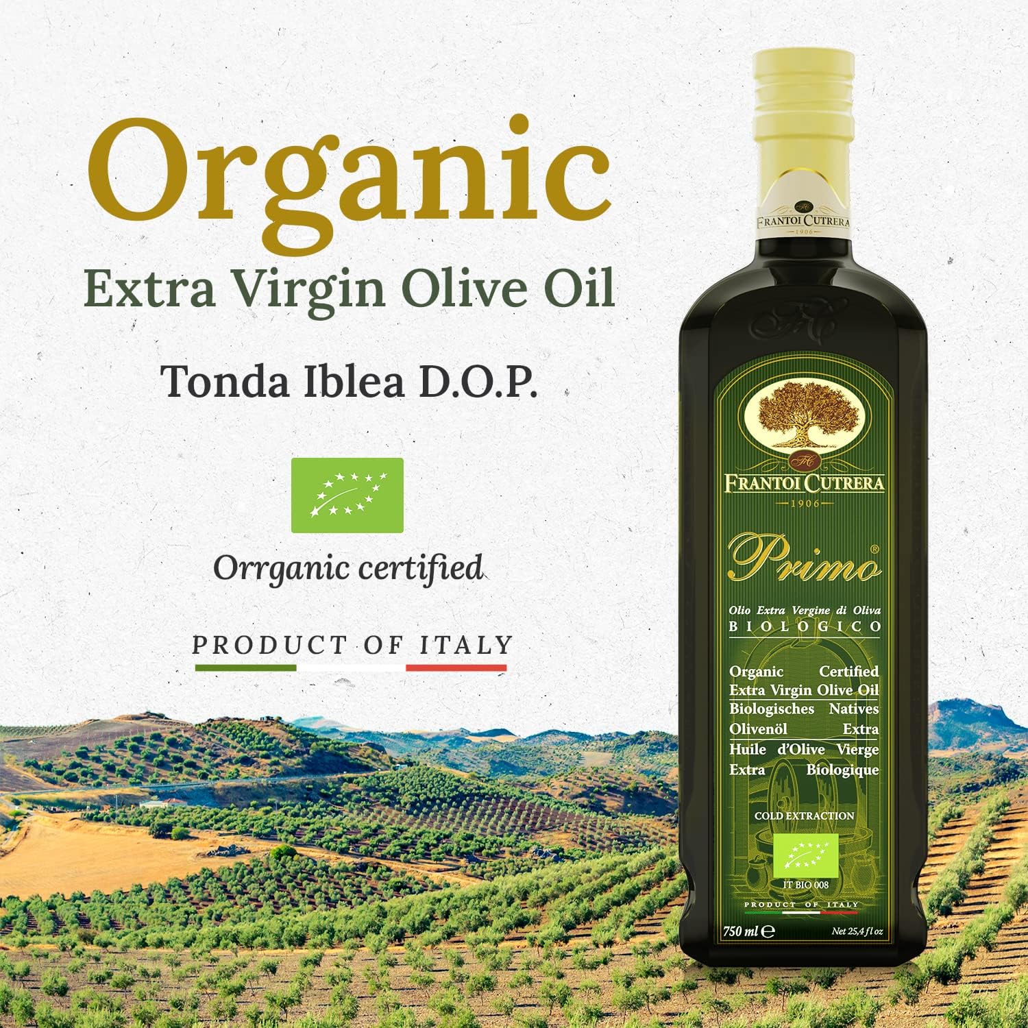 Frantoi Cutrera Primo Cold Extracted Italian Extra Virgin Olive Oil Cold Pressed, Polyphenol Rich Olive Oil, Authentic Certified DOP Sicilian EVOO Imported From Italy, 25.4 fl oz (Pack of 1)
