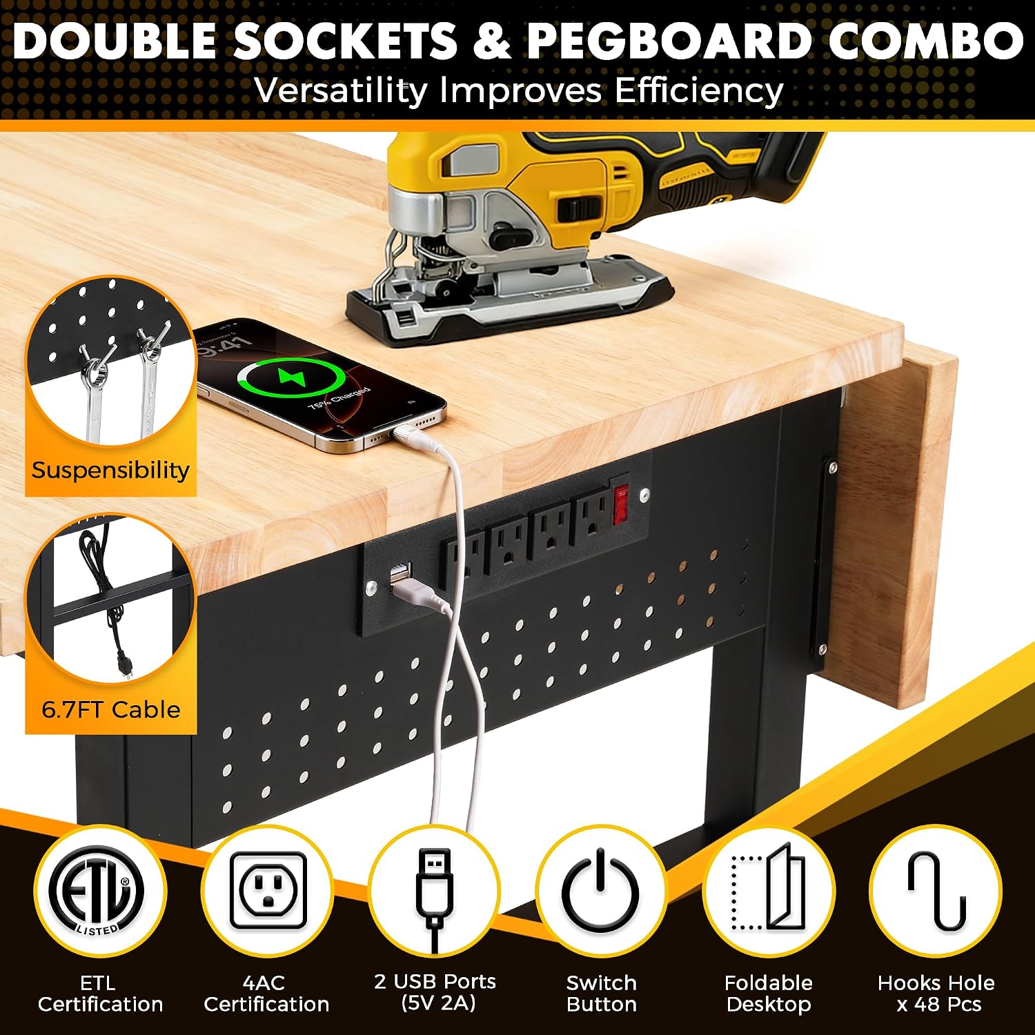 48" Adjustable Rubberwood Workbench with Foldable Extension Board & Power Outlet, Extra Large 48x32In 9-Level Height 27"-37", 2000 LBS Heavy Duty for Workshop Garage Office Home