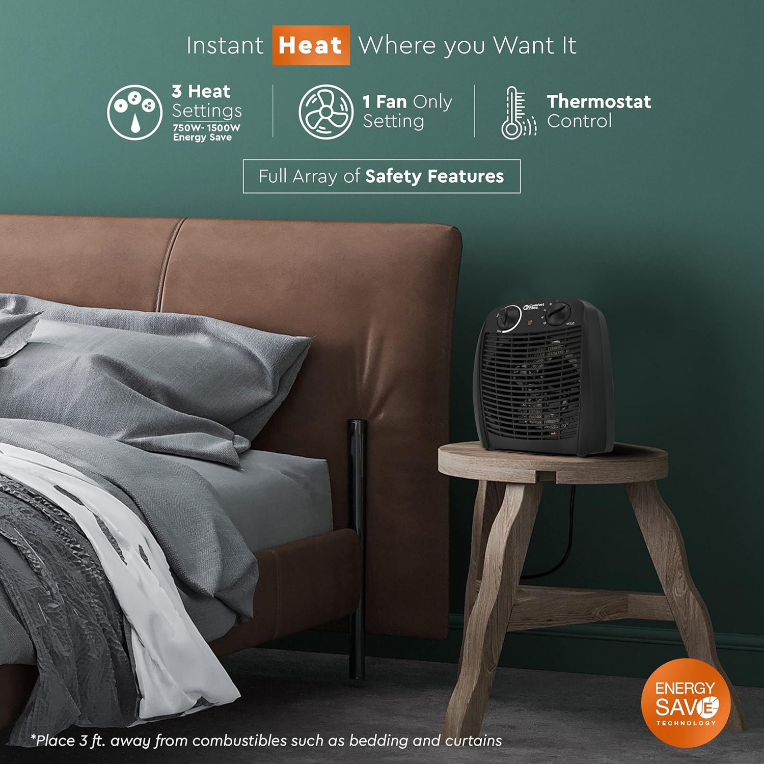 Comfort Zone Indoor Space Heater with Adjustable Thermostat, Fan Forced, Electric, Overheat Protection, Safety Tip-Over Switch, Energy Efficient