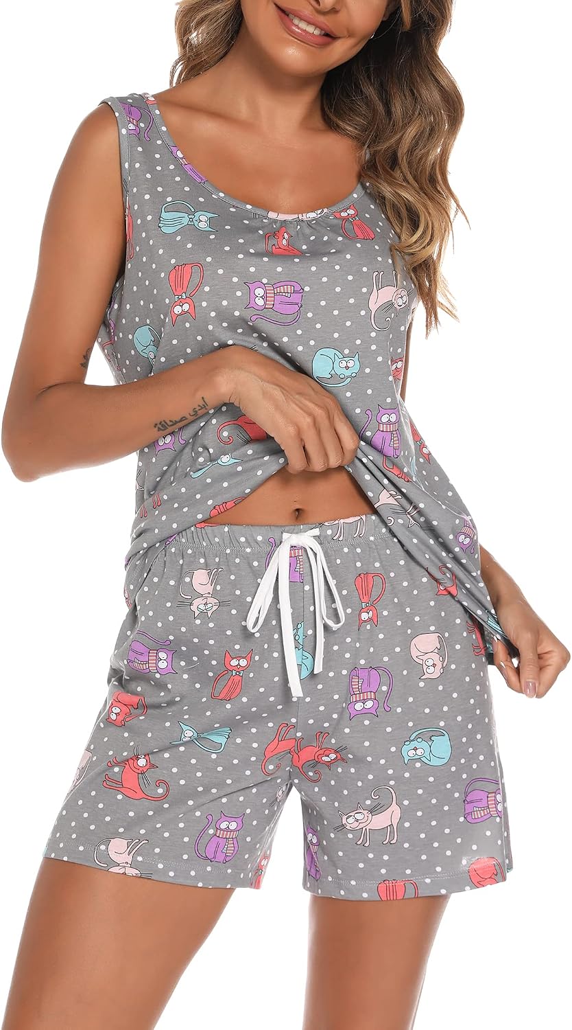 ENJOYNIGHT Womens Pajama Set Cotton Summer Sleep Tank and Shorts Pjs