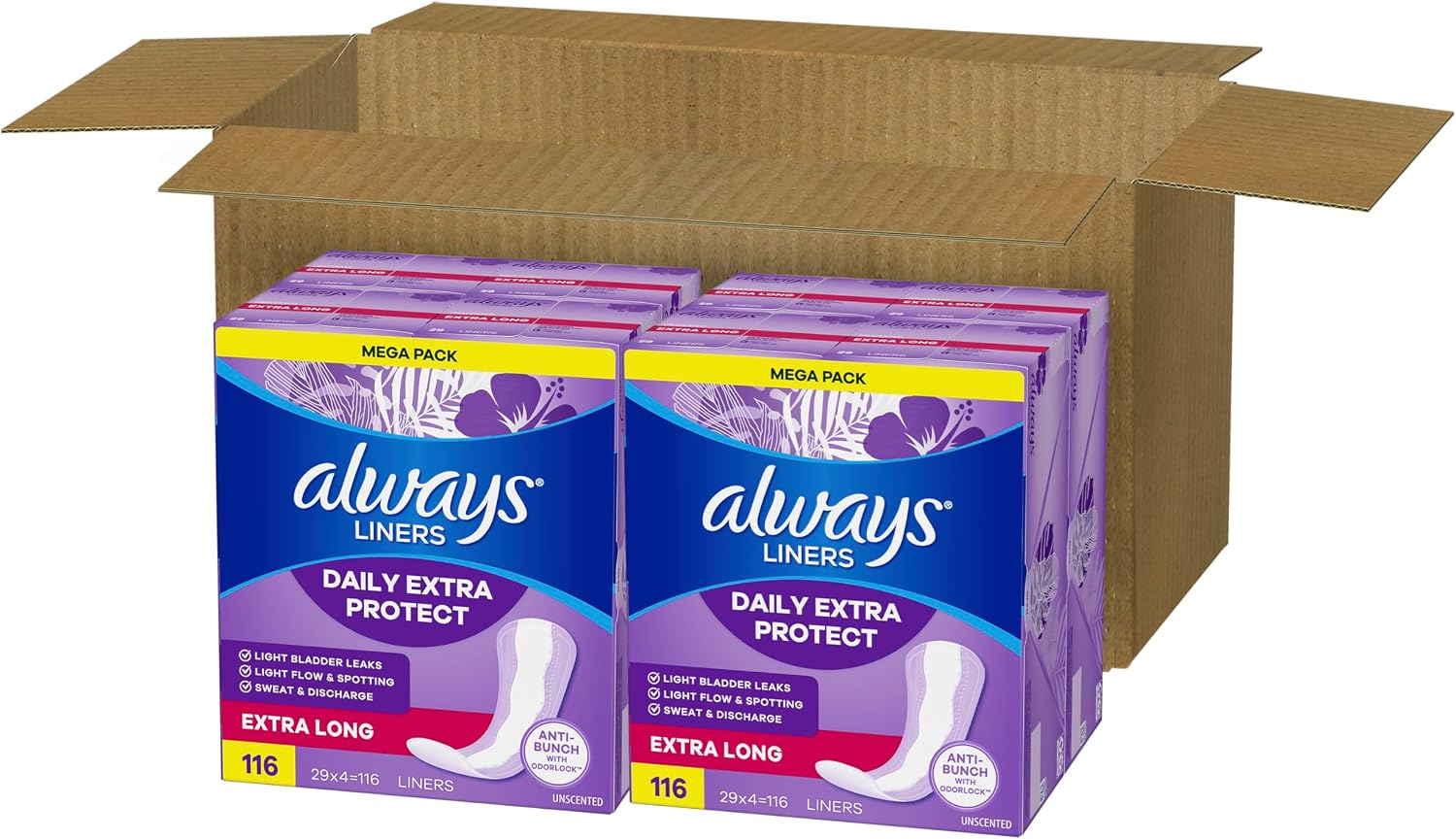 Always Panty Liners for Women Xtra Protection 3-in-1 Daily Liners for Women, Extra Long, Scented, 60 Count