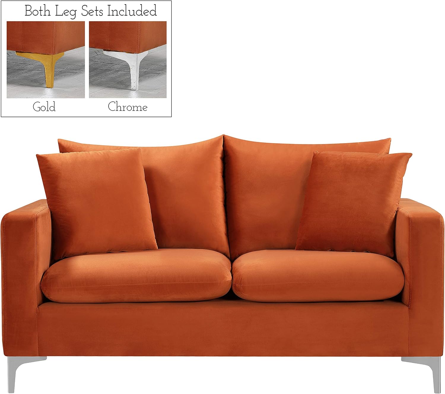 Meridian Furniture Naomi Collection Modern | Contemporary Grey Velvet Upholstered Loveseat with Stainless Steel Base in a Rich Gold or Chrome Finish, 633Grey-L