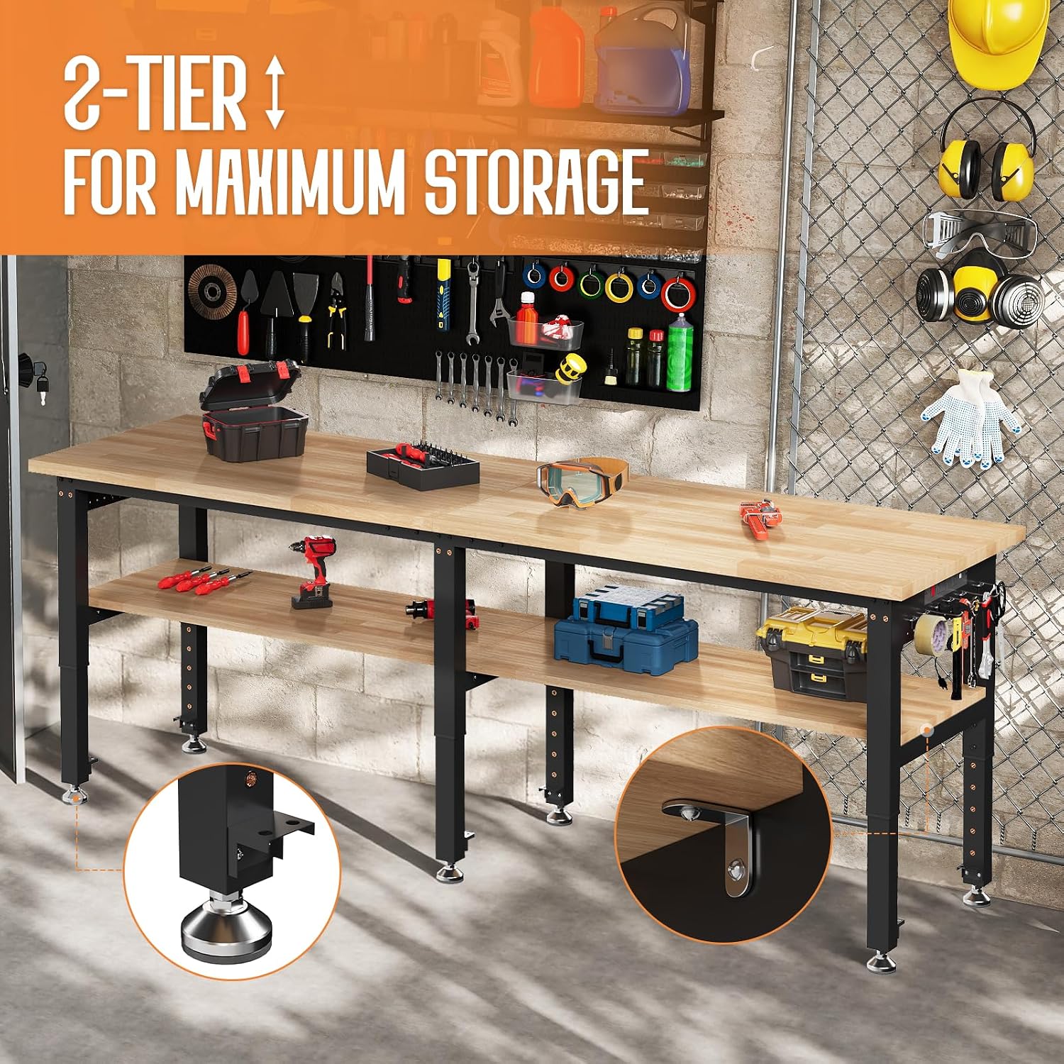SPECRAFT Adjustable Black Heavy-Duty Workbench | 2000 Lbs Capacity, Rubber Wood Top, 4 AC Outlets and 2 USB Ports, for Garage, Workshop and Office