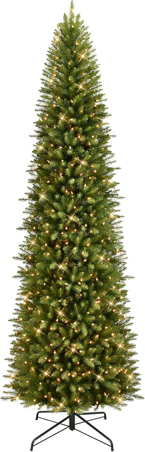 Puleo International 7.5ft Pre-Lit Fraser Fir Pencil Christmas Tree with 350 Clear Lights, 1188 Realistic Dense Branch Tips, Easy Setup Artificial Trees with Sturdy Metal Stand