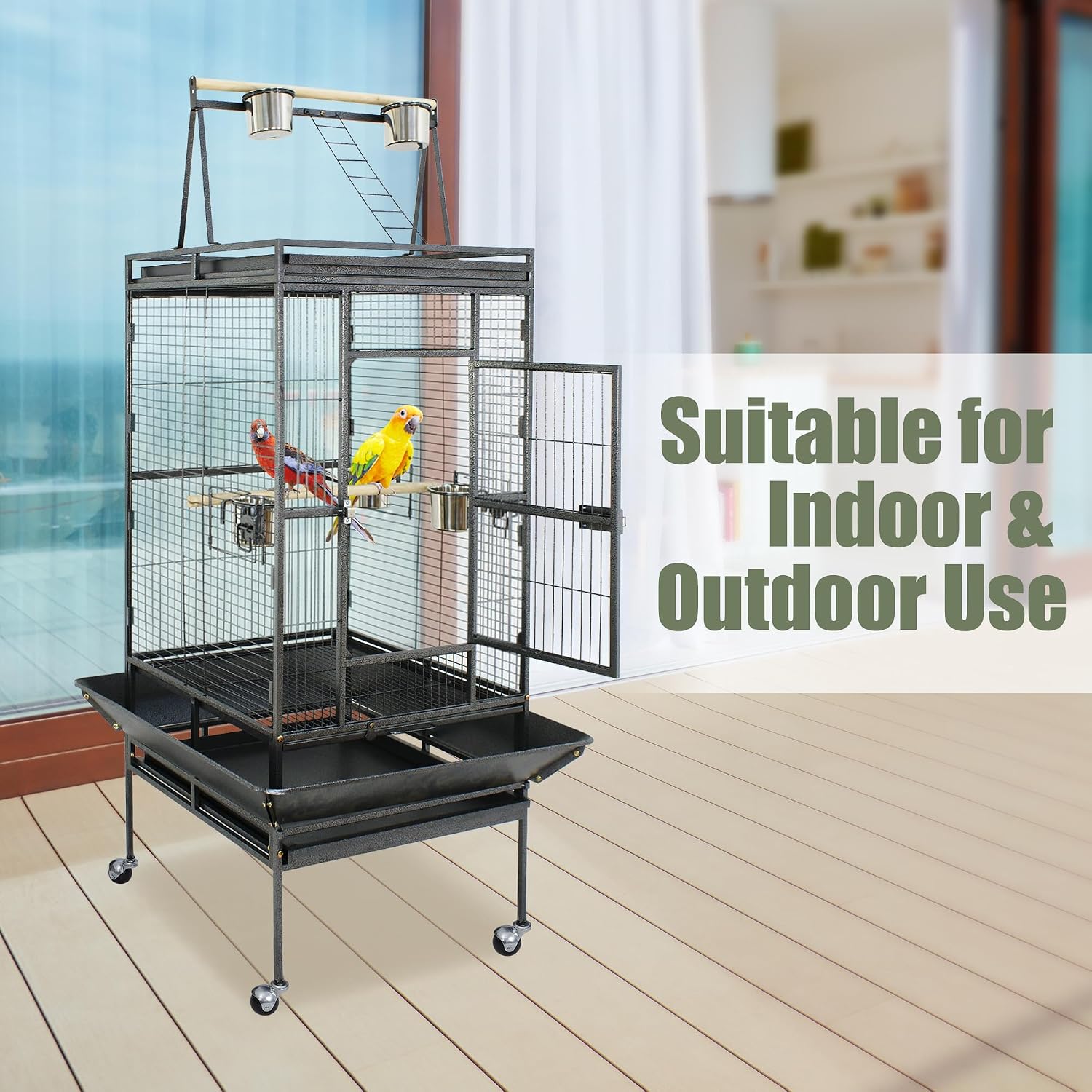 ZENY 68-Inch Birdcage, Playtop Parrot Cage, Wrought Iron Bird Cage with Rolling Stand