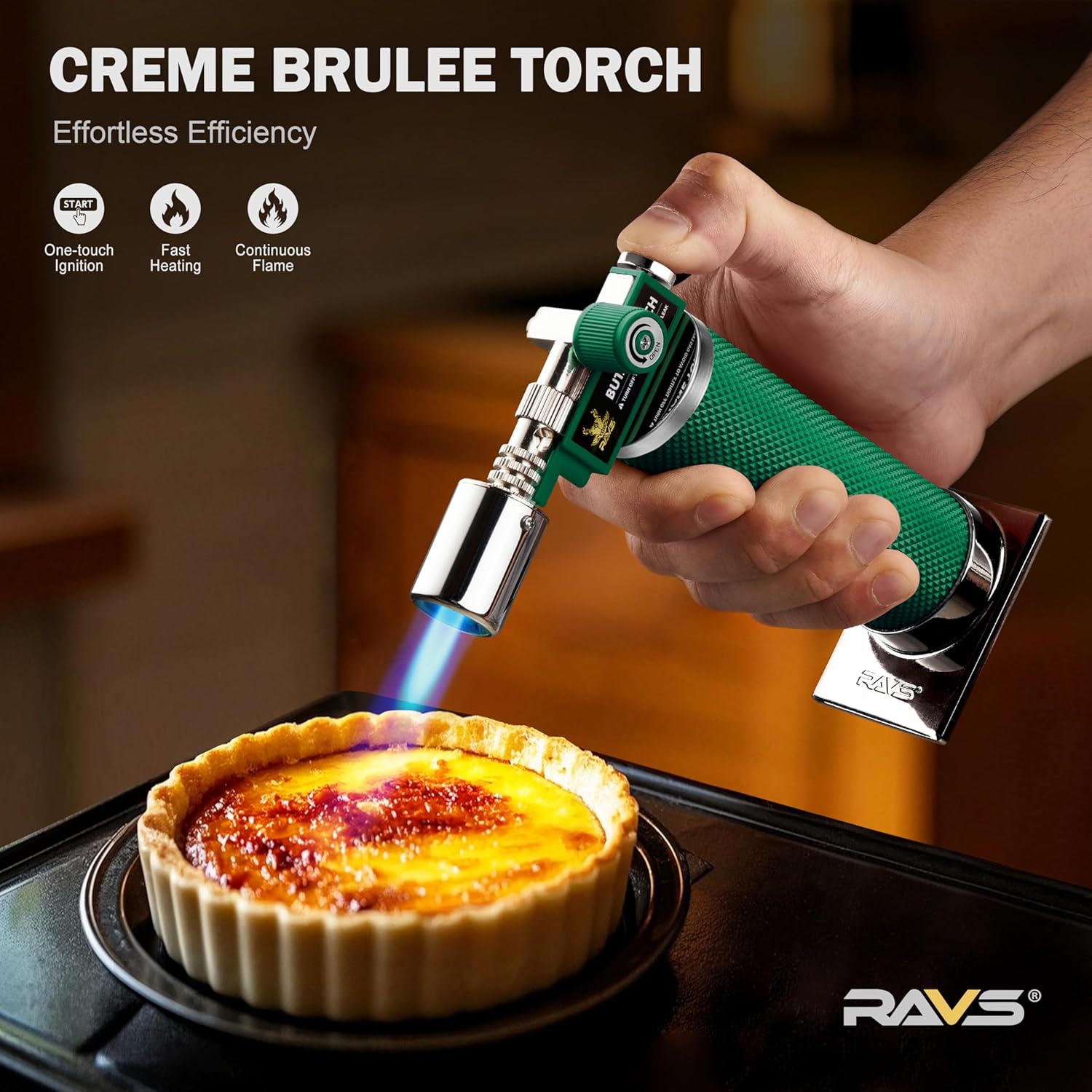 RAVS Butane Torch Lighter, Premium Metal Kitchen Torch with Adjustable Flame & Safety Buckle, Refillable Creme Brulee Torch for Baking, BBQ, DIY