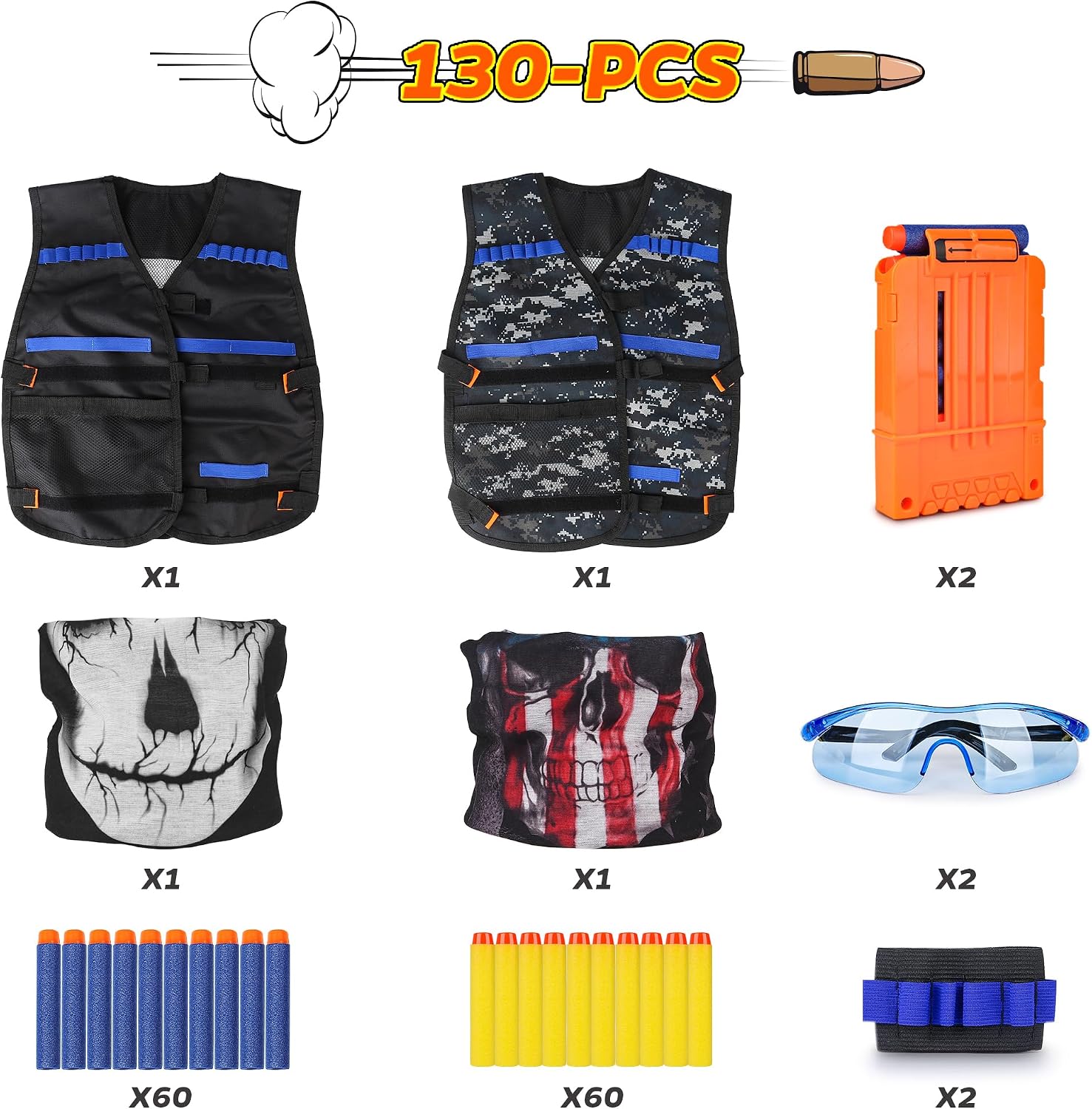 KKONES Kids Nerf Guns Tactical Vest Kit Darts Pouch Clips Mask Glasses