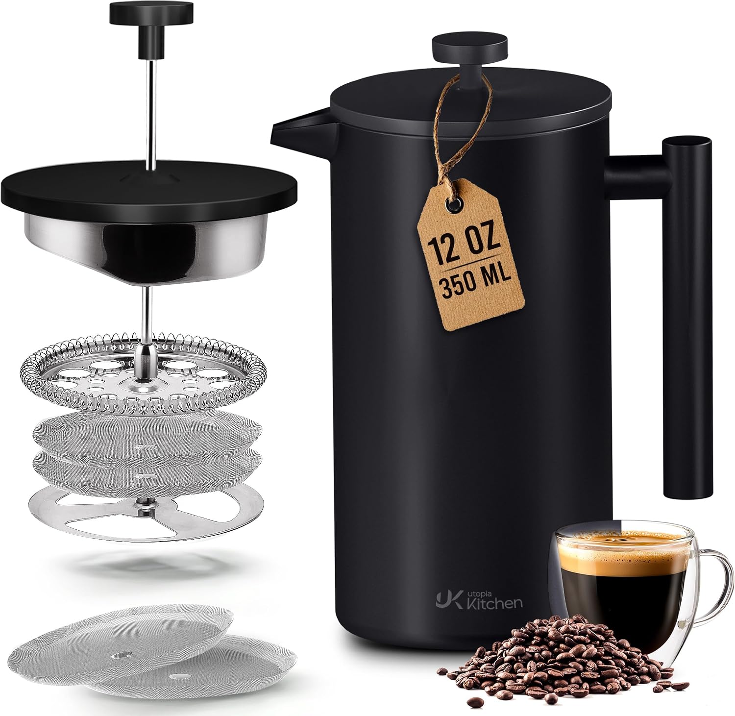 Utopia Kitchen 304 Grade Stainless Steel French Press 34 Oz, Silver | Double Wall Insulated Coffee Press with 4-Level Filtration System, Include 2 Extra Filters, Rust-Free, Dishwasher Safe