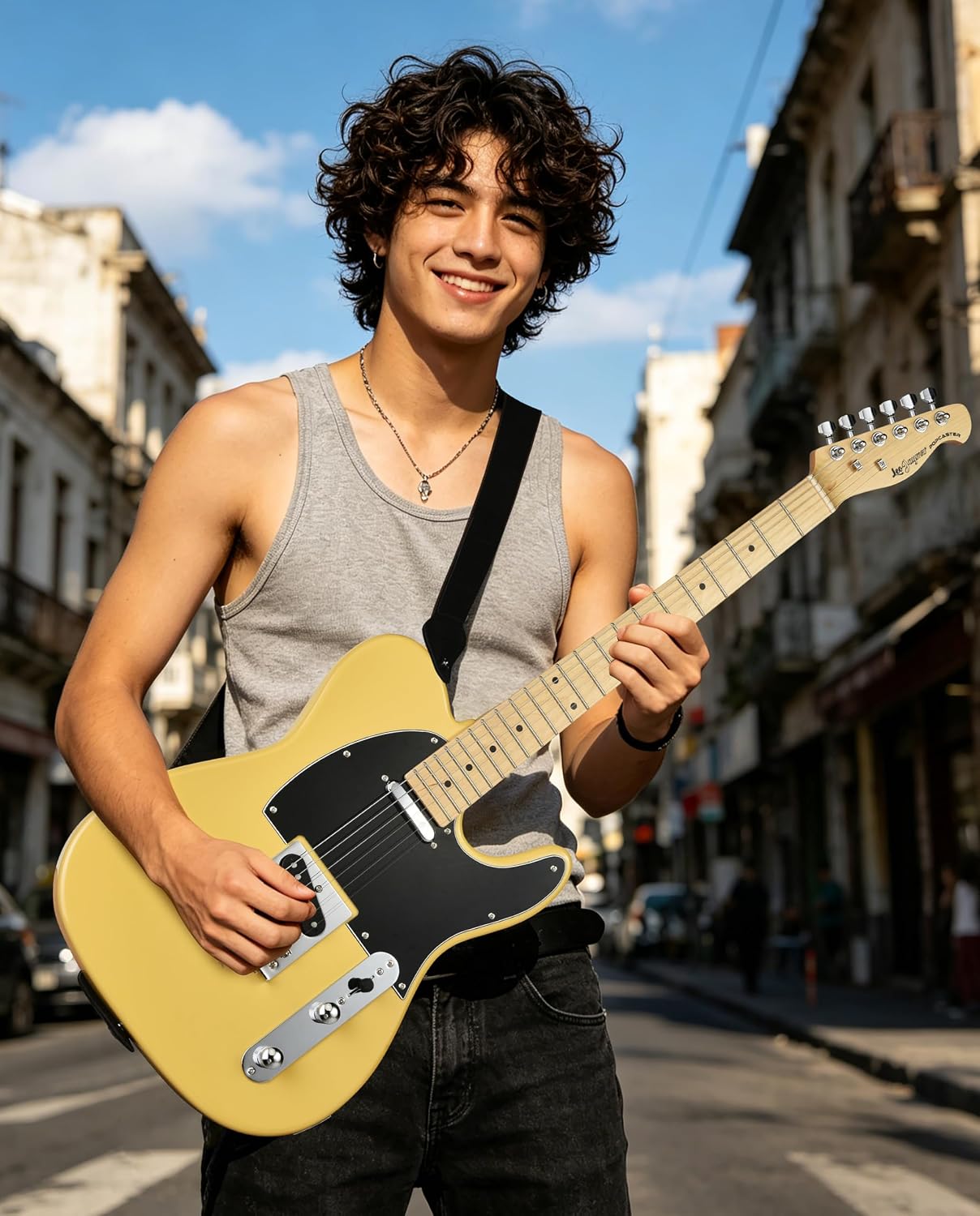 Leo Jaymz Beginner Electric Guitar Complete Kit with Portable Amp, Padded Gig Bag & Full Accessories, Maple Neck (TL-White)