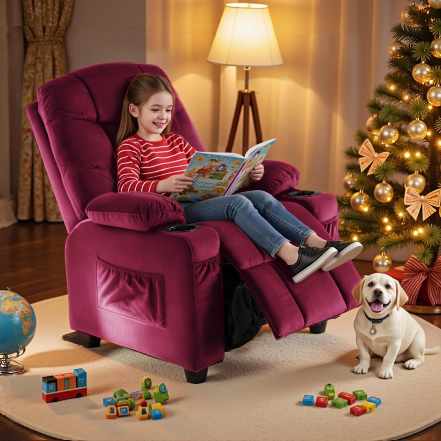 MCombo Big Kids Recliner for Ages 3+, Toddlers Recliner 7355 Velvet, Blue