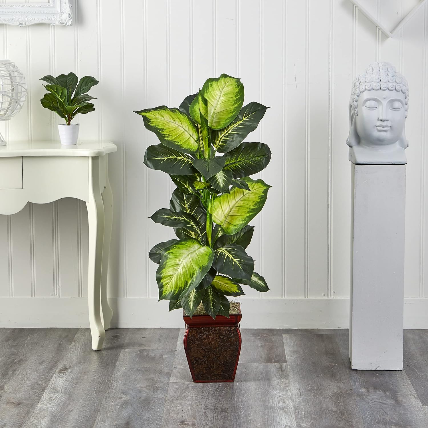 Nearly Natural 45 in Artificial Golden Dieffenbachia with Decorative Pot | Lush Variegated Leaves, Faux Greenery in Decorative Planter