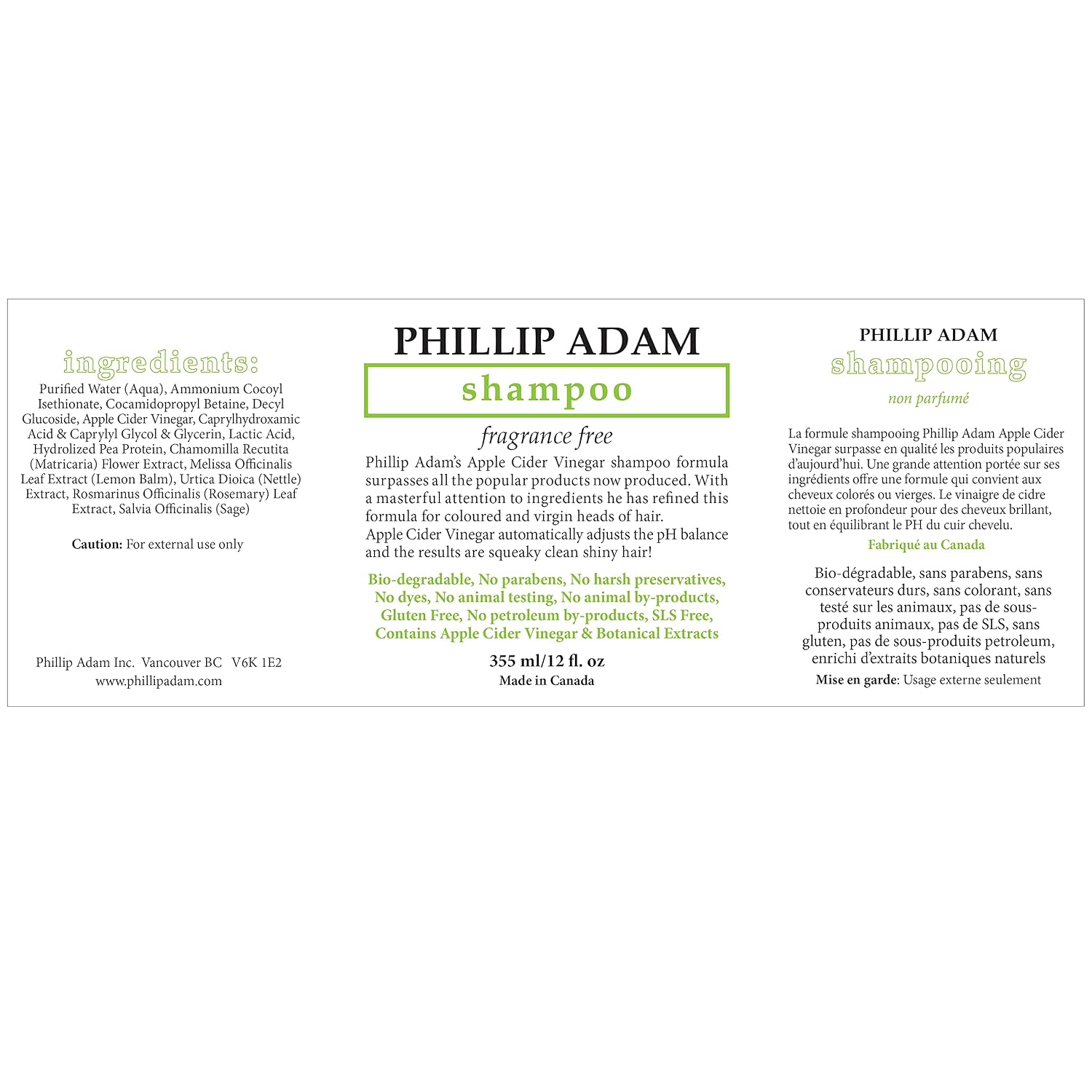 Phillip Adam Fragrance Free Shampoo - Sulfate Free and Paraben Free - For All Types of Hair - Balance pH of Hair and Scalp - 33.8 Ounce