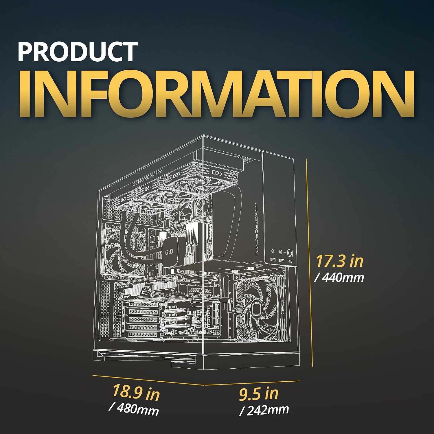 Geometric Future M5 Tempered Glass Mid Tower, E-ATX/ATX Gaming Case, 1.2mm Steel, Type C, Toolless Panels, Support 420/360 Radiator, ARGB PWM 140m Fan x 5 Pre-Installed, Black/Yellow, GEO-M5F-BY