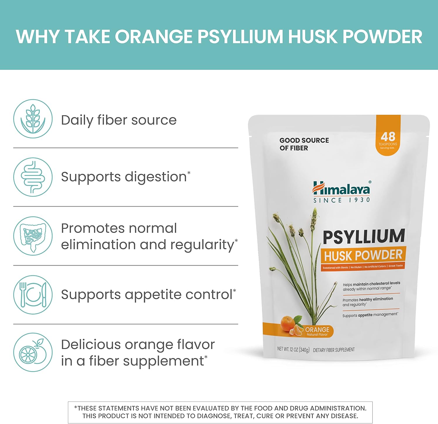 Himalaya USDA Organic Psyllium Whole Husk Powder, Natural Daily Fiber Supplement, Regularity, Appetite Management, Non-GMO, 56-Tablespoon Supply, Unflavored, 12 Oz