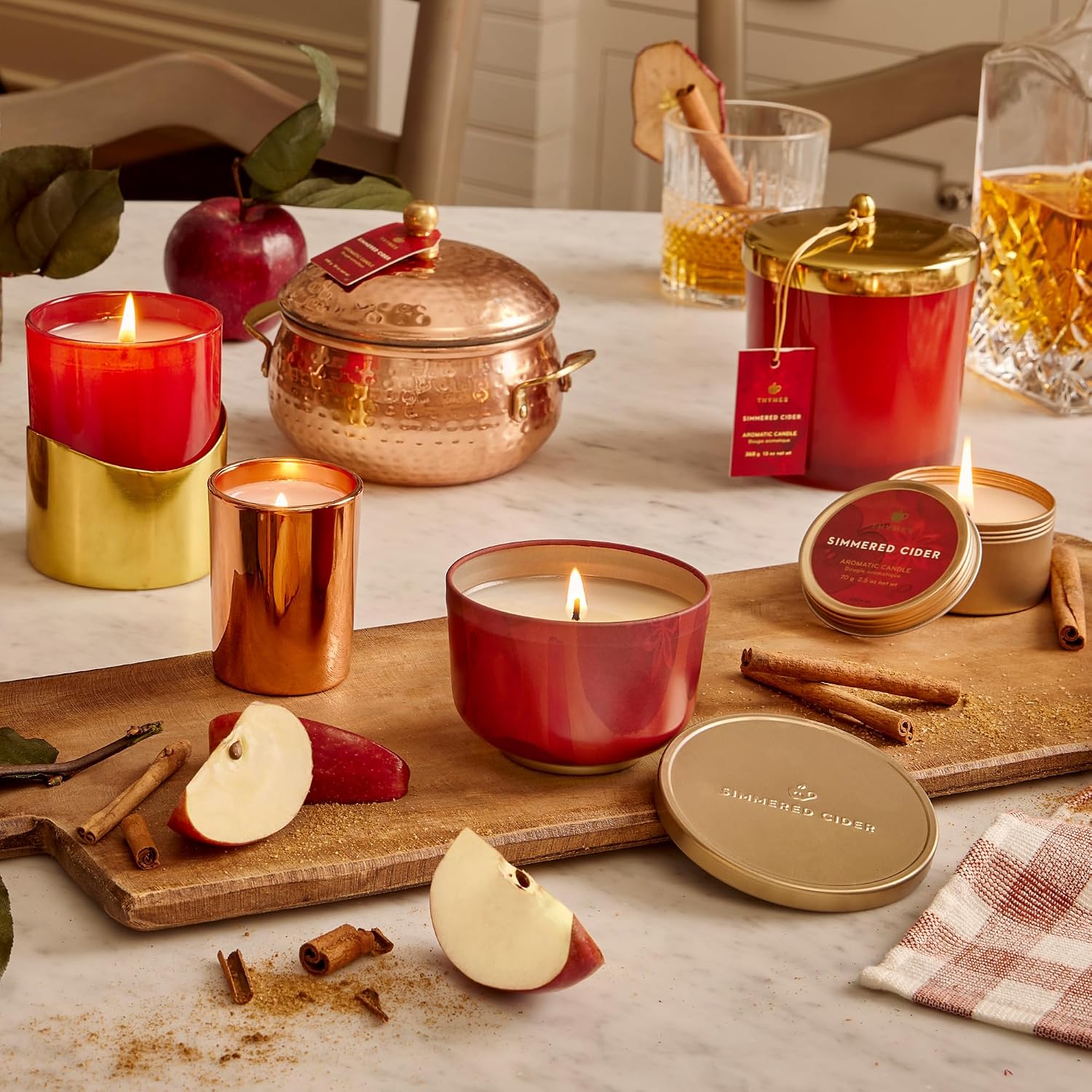 Thymes Simmered Cider Copper Candle - Warm & Spicy Apple Scented Candles for Home - Notes of Apple, Clove, and Cardamom - Luxury Gifts for Women - Fall Decor - 3 Wick (Copper Pot, 18 oz)