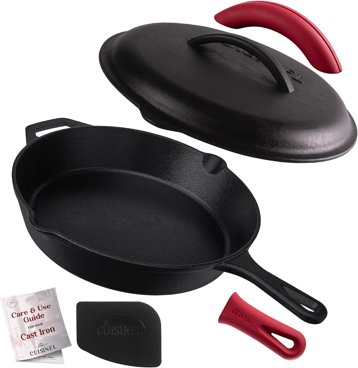 Cast Iron Skillet - 10"-Inch Frying Pan with Pour Spouts + Pan Scraper + Silicone Grip Handle Cover Holder - Pre-Seasoned Oven Cookware - Indoor/Outdoor Use - Stovetop, Induction. PFAS and PFOA-free