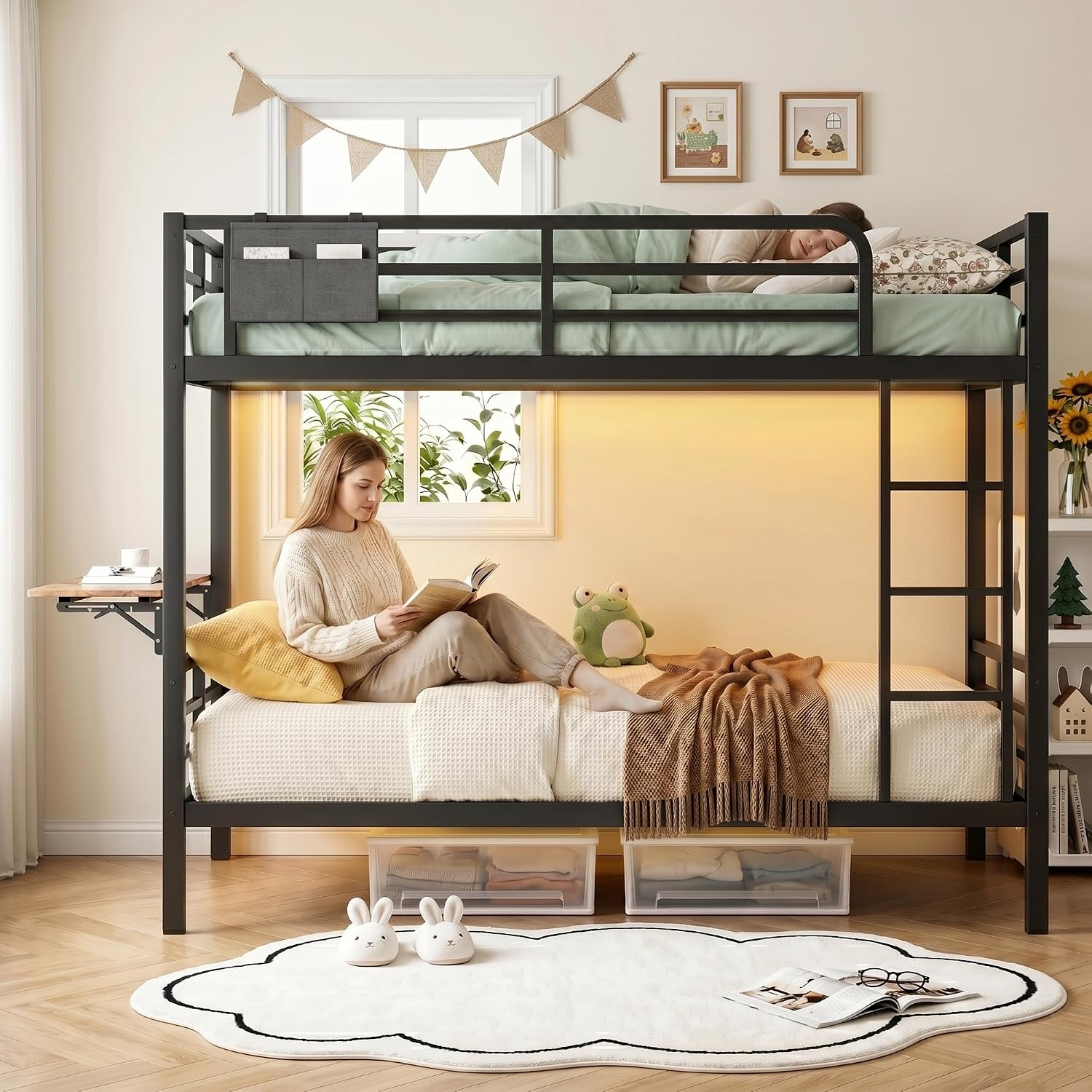 Twin XL Bunk Bed with Foldable Desk, LED Lights & Charging Station, Black | Upper Bunk Storage & 2 Drawers, Safety Guardrails with 4 Hooks, Space-Saving Design for Kids and Teens