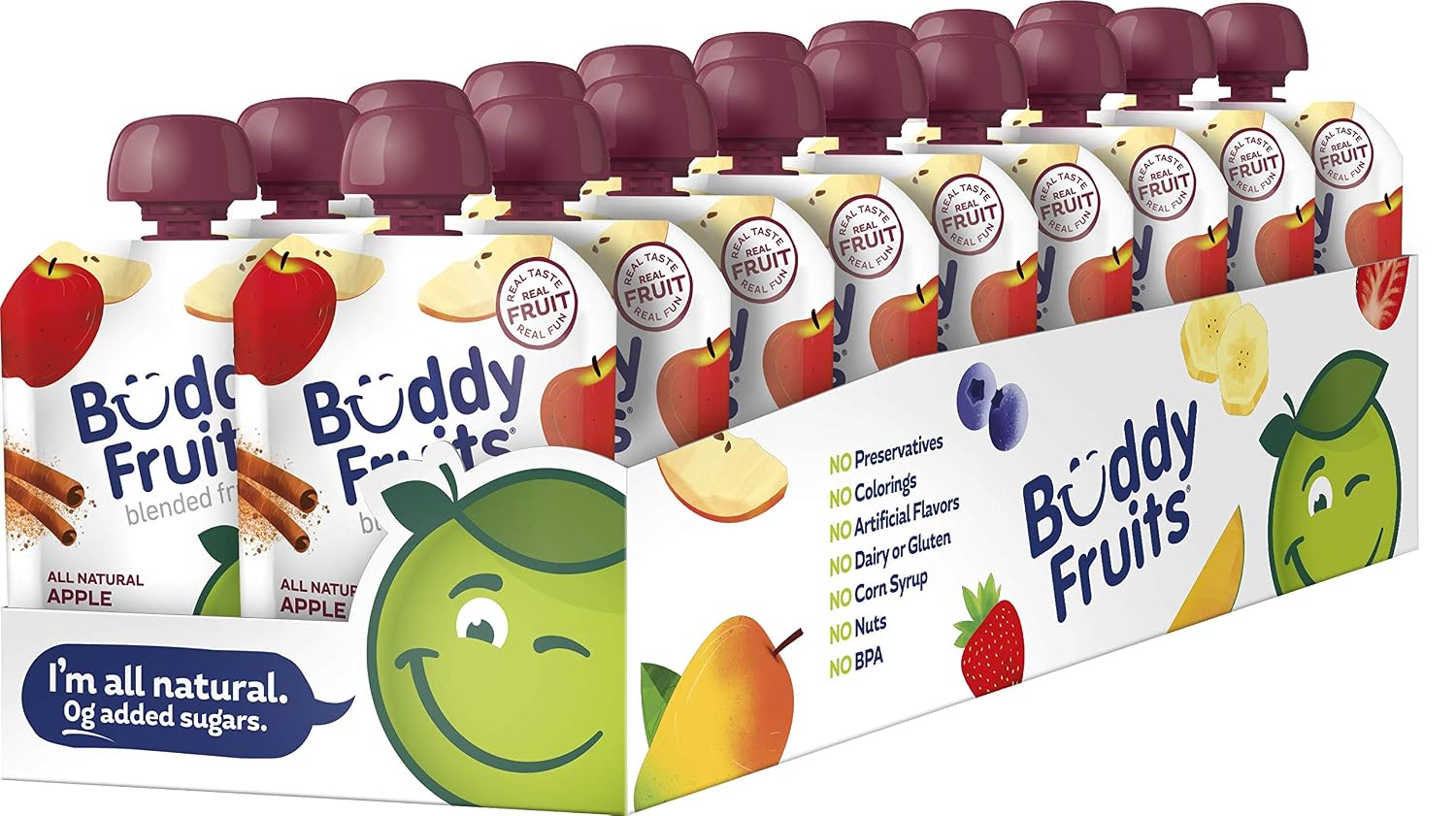 Buddy Fruits Snacks To Go Multifruit Unsweetened Applesauce 3.2oz Pouch (18pk) Gluten-Nut-Dairy-Preservatives-BPA Free, Non GMO, Kosher