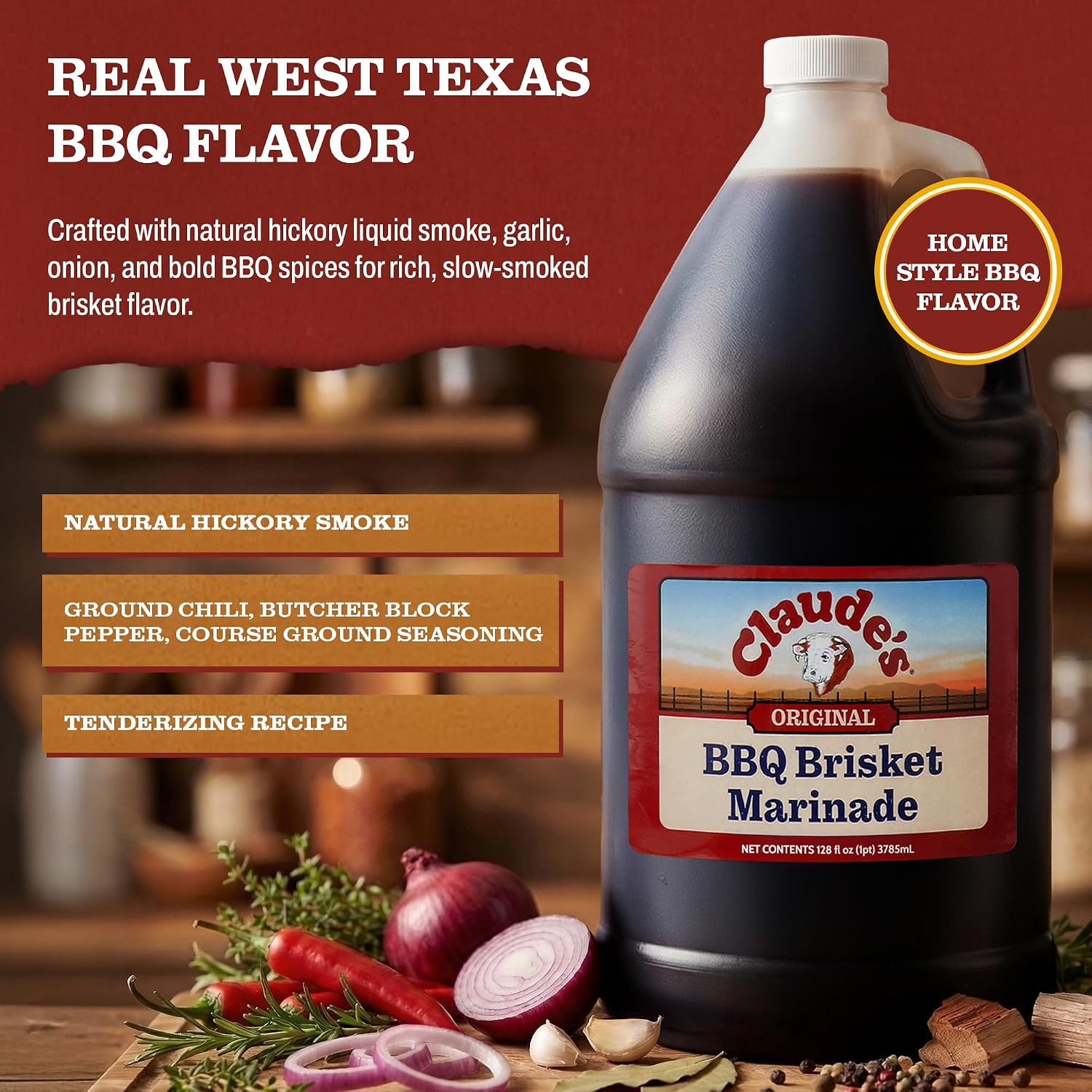Claude's BBQ Brisket Marinade Sauce, Gluten Free Texas Style, 128 oz | Restaurant-size gallon of smoky Texas tenderizing brisket marinade - all natural & gluten free.