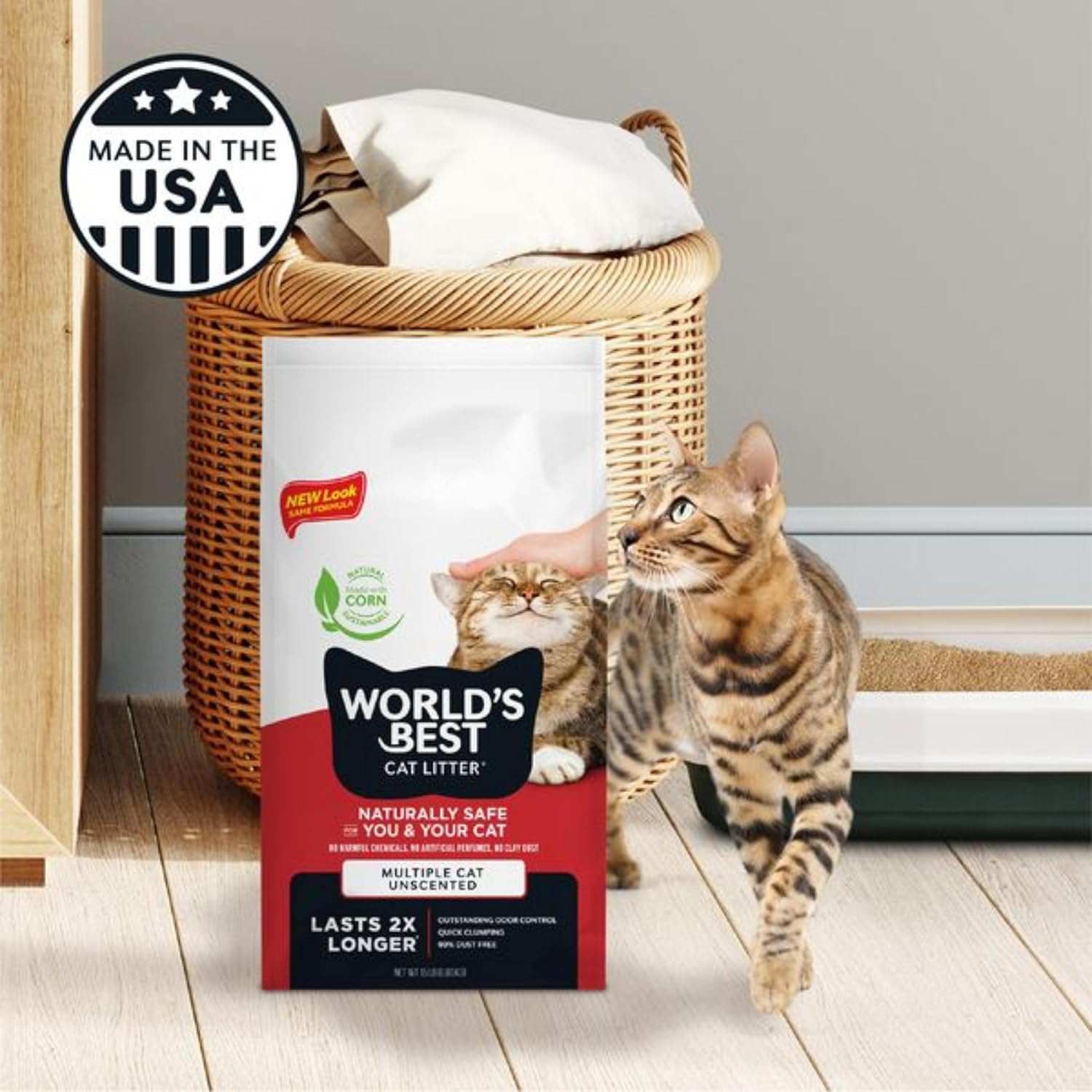 World's Best Cat Litter, Multiple Cat, Unscented, Lasts 2X Longer, 8 lb Bag | Controls tough multi-cat odors and lasts 2x longer; natural corn litter, quick clumping, flushable, 99% dust free