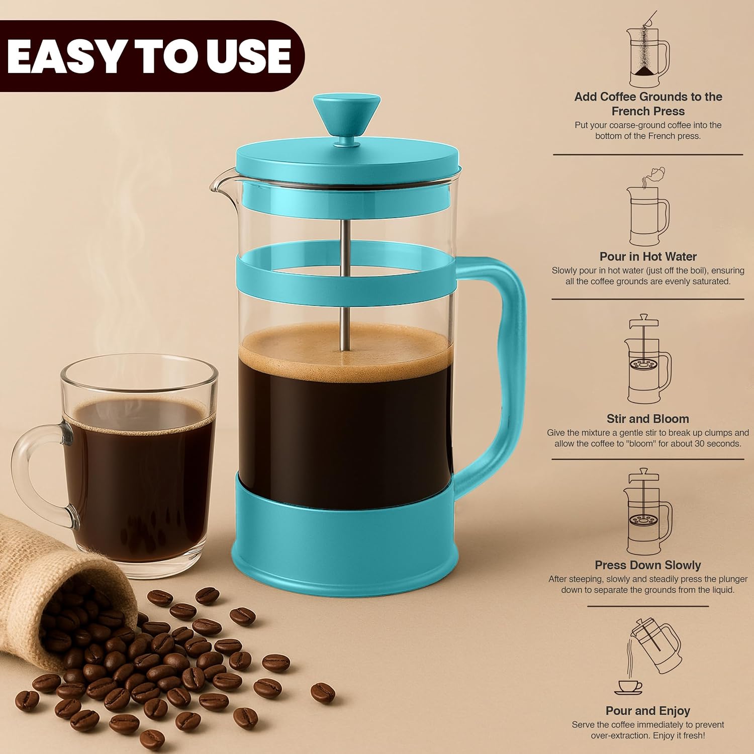 Utopia Kitchen Borosilicate Glass French Press Coffee Maker 34 Oz, Black | Heat-Resistant Cafetiere & Tea Maker, Thickened Glass Coffee Press for Travel and Camping