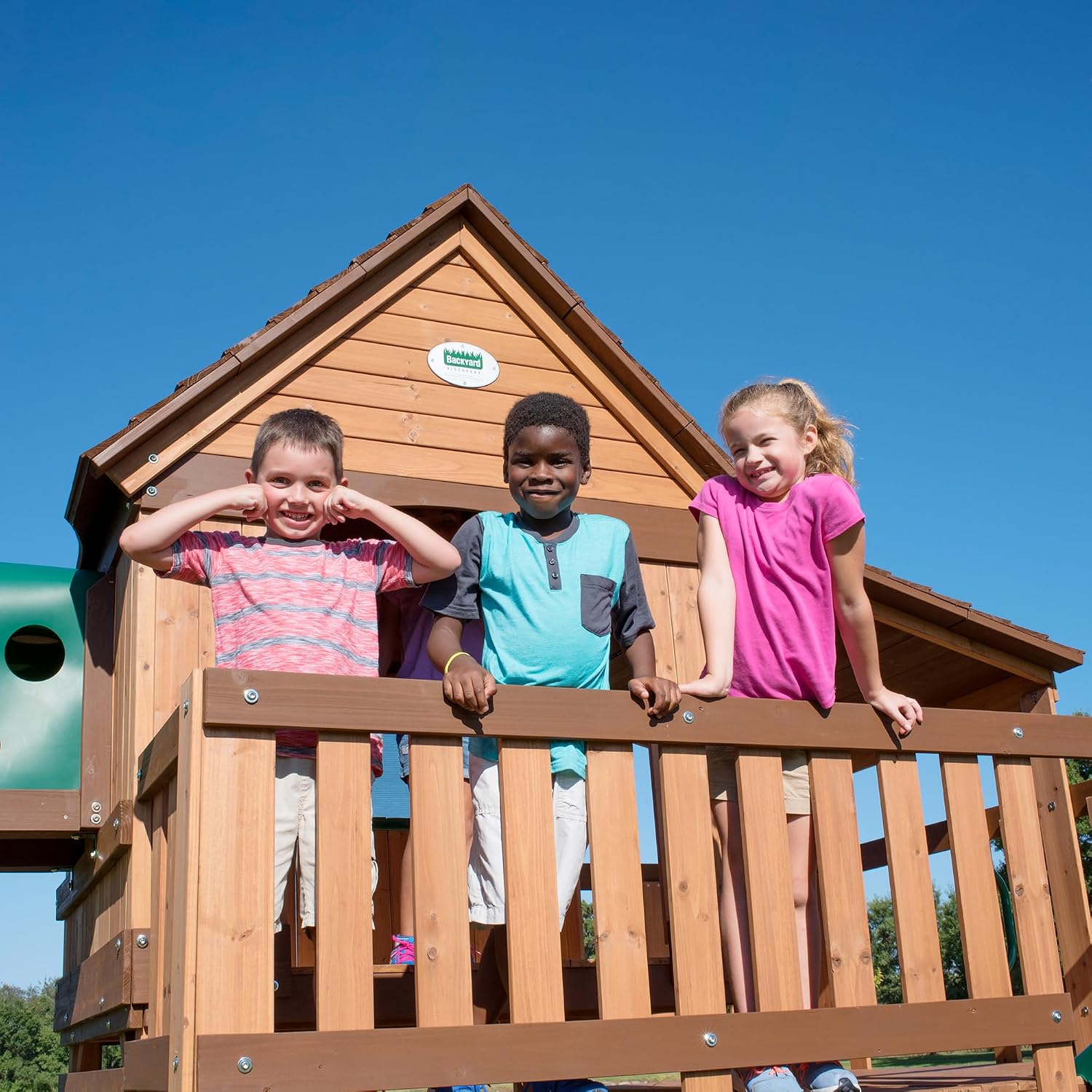 Backyard Discovery Woodridge Elite Cedar Wood Swing Set with Wave Slide, Clubhouse, Crawl Tunnel, Crow's Nest, Belt Swings, Trapeze, Rock Wall Ladder