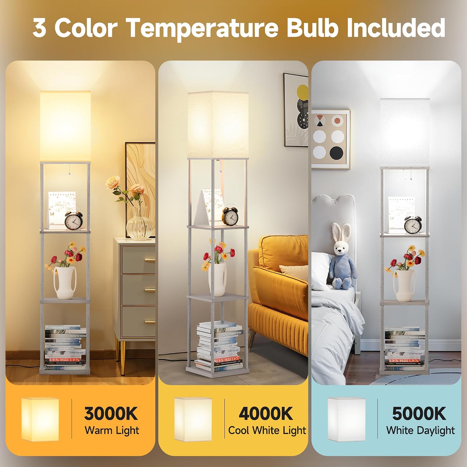 SHINE HAI Floor Lamp with Shelves, 3-Tier Square Modern Shelf Lamp