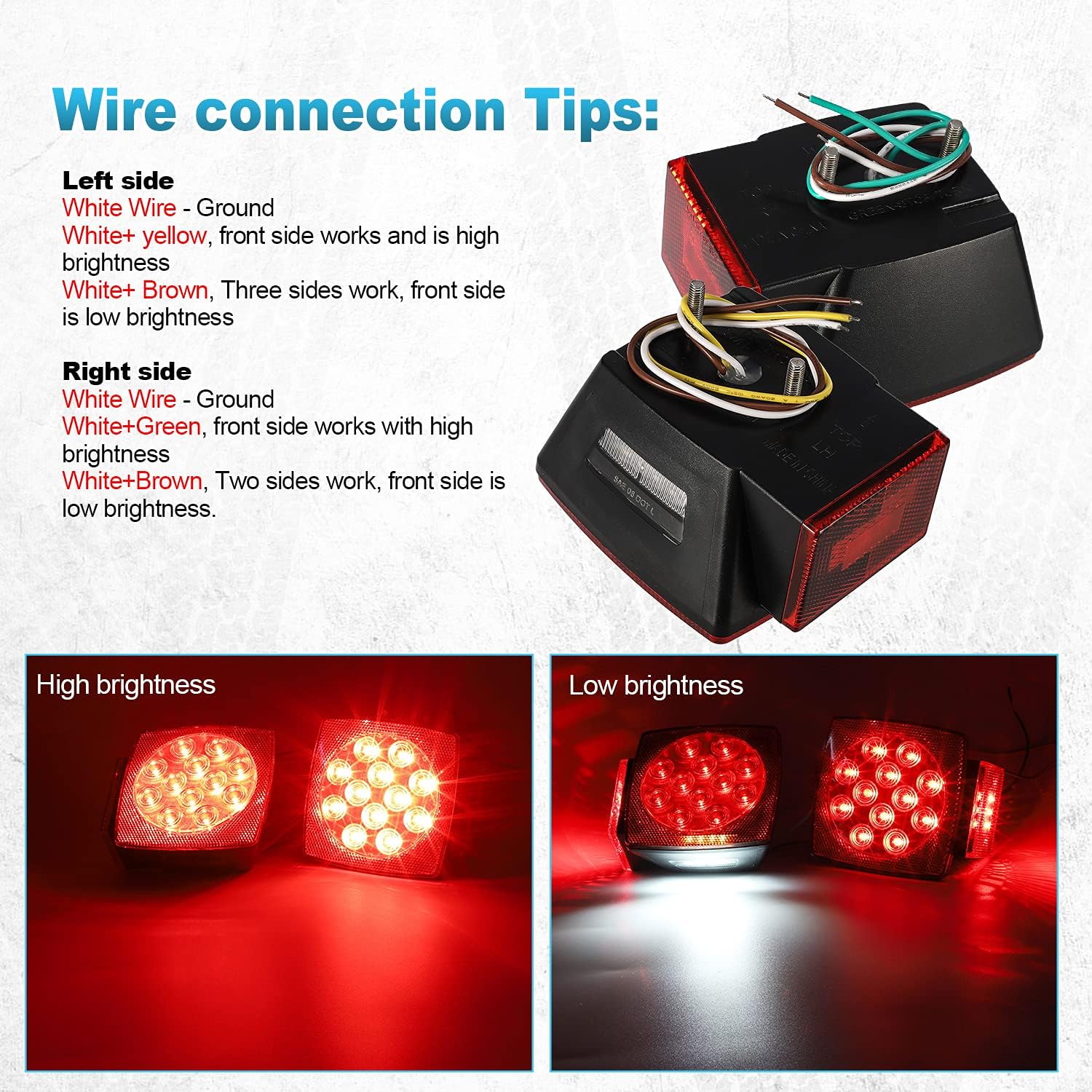 Partsam 12V Waterproof Square LED Trailer Tail Light Kit Clear Lens Red Trailer Brake Stop Tail Turn Signal Running Lights License Kit for Camper