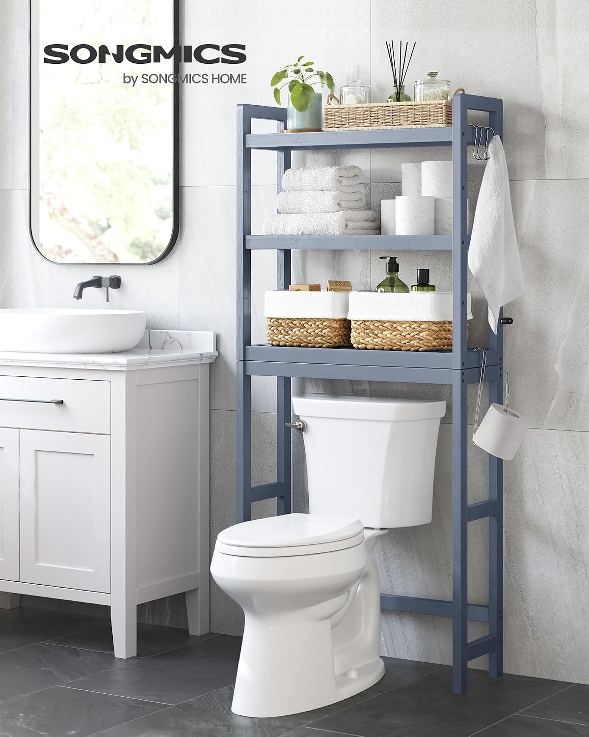 SONGMICS Over The Toilet Storage, 3-Tier Over Toilet Bathroom Organizer with Adjustable Shelf, 10.2 x 24.8 x 66.9 Inches, Space-Saving, Cloud White UBTS01WT