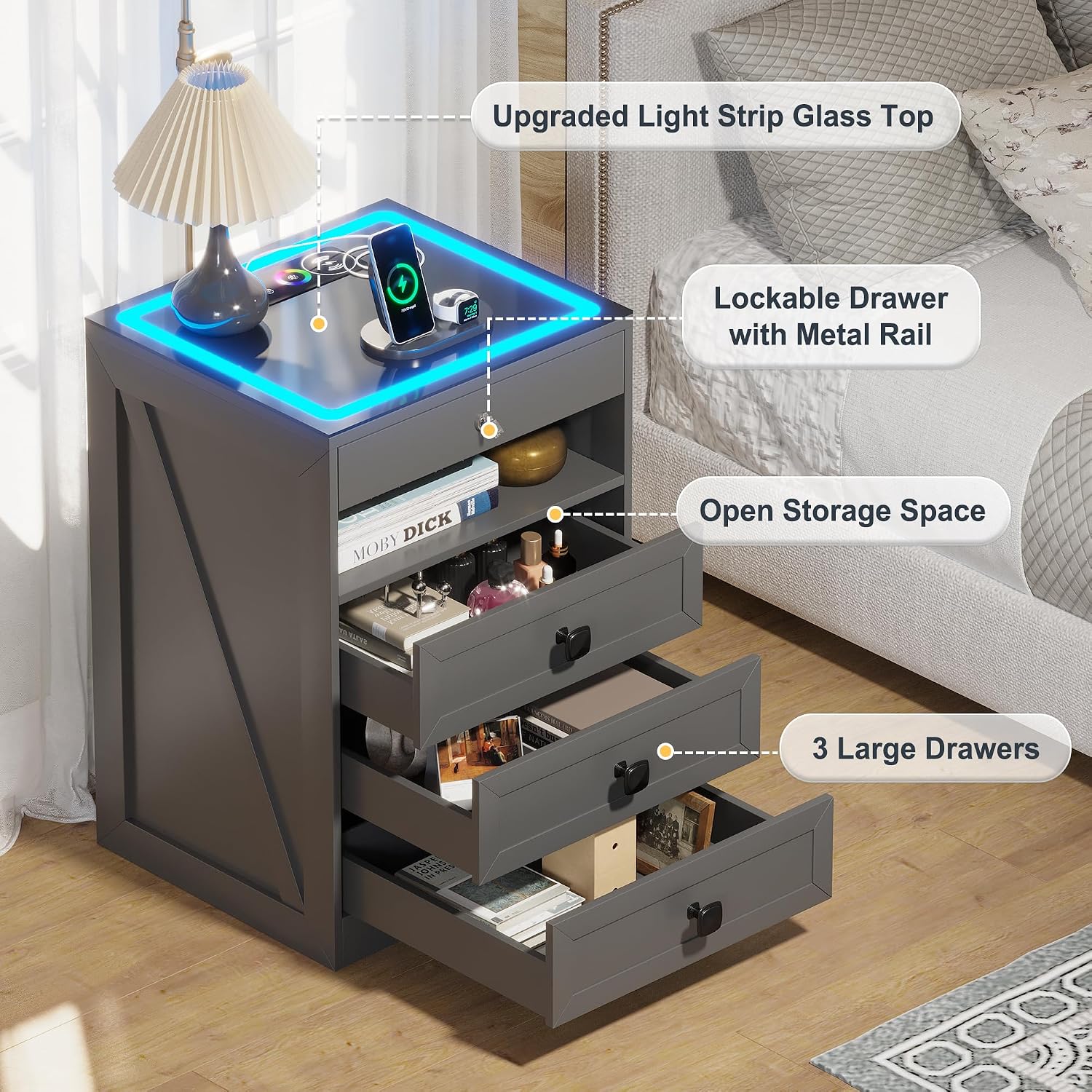 Lvifur LED Nightstand with Lockable Gun Drawer and Human Sensor, Black | USB & Type-C Charging Station, 3 Dimmable Lights, Adjustable Brightness, 3 Drawers, Farmhouse Style, Human Body Induction