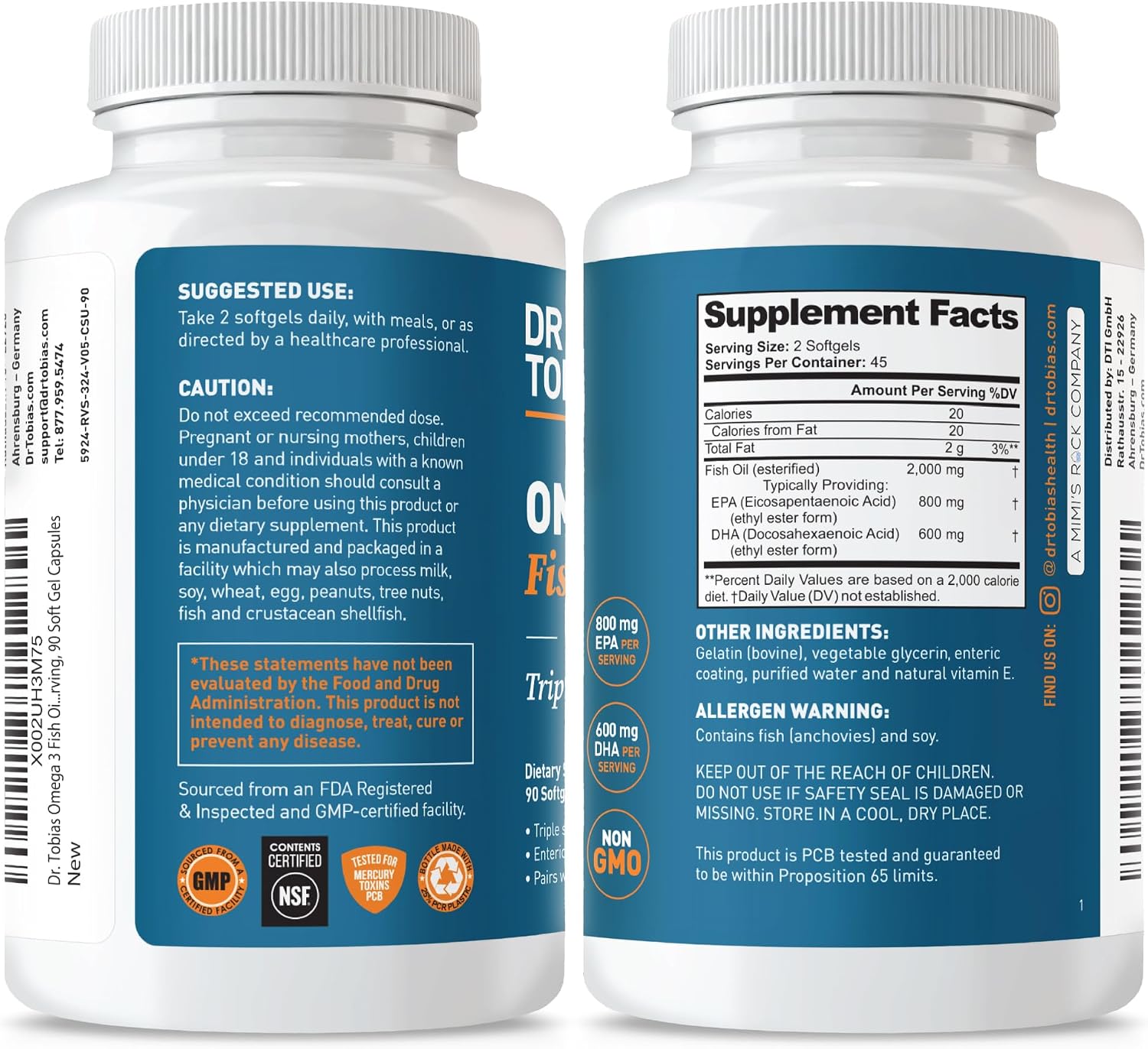 Dr. Tobias Omega 3 Fish Oil 2000mg Triple Strength | 180 Softgels | Heart, Brain & Joint Support | 2,000 mg Fish Oil | 800 mg EPA + 600 mg DHA | Delayed Release Omega 3 Supplement | 90 Servings